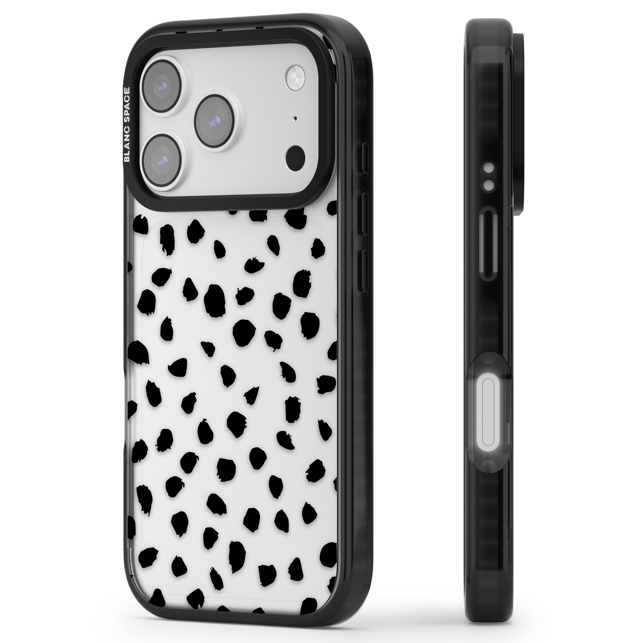 Black Dalmatian Polka Dot iPhone 17 Pro Impact Black Phone Case Side Profile