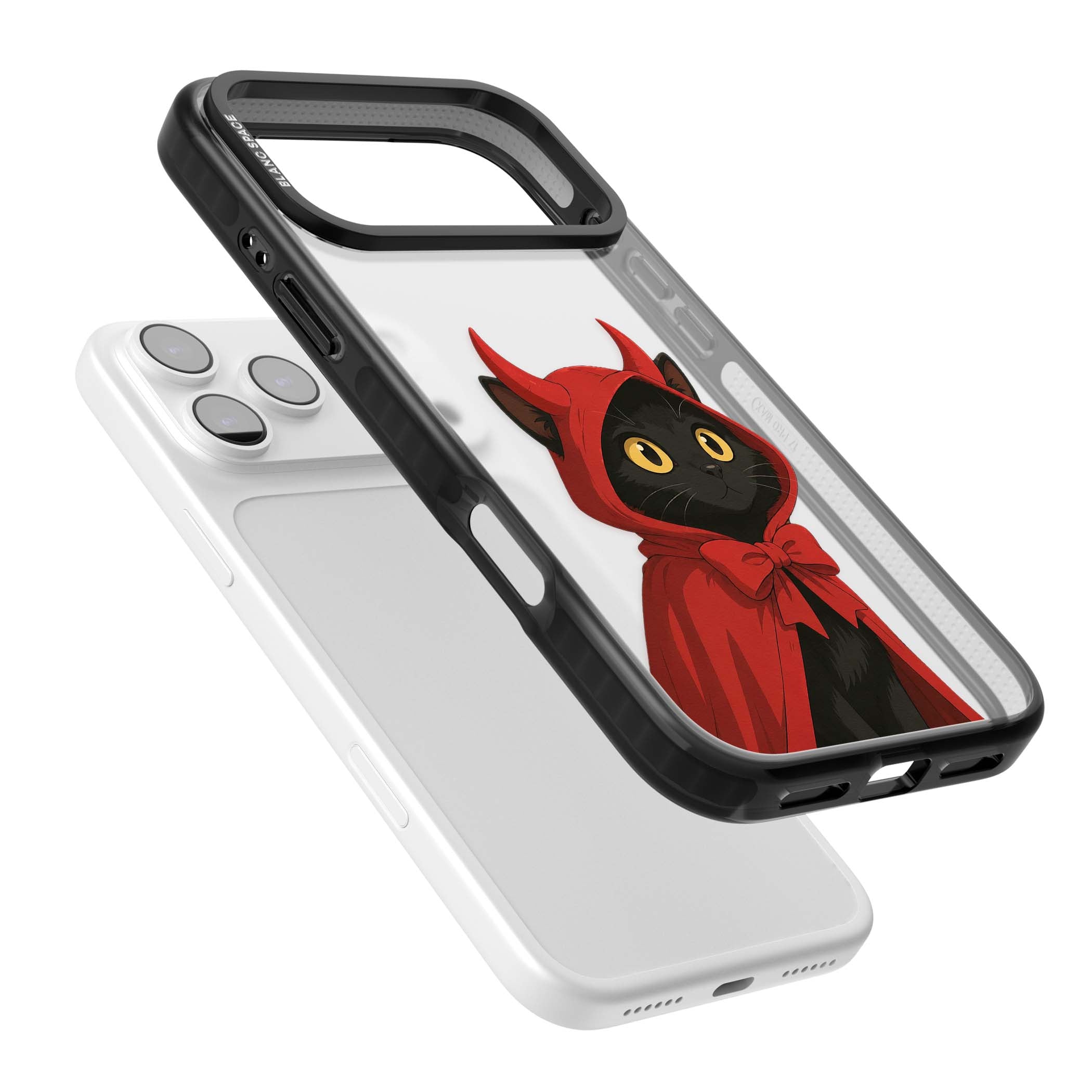 Little Devil halloween iPhone case featuring a black cat in a red hooded devil cloak with horns and golden eyes | Clear Impact case for iPhone 17 Pro, iPhone 17 Pro Max