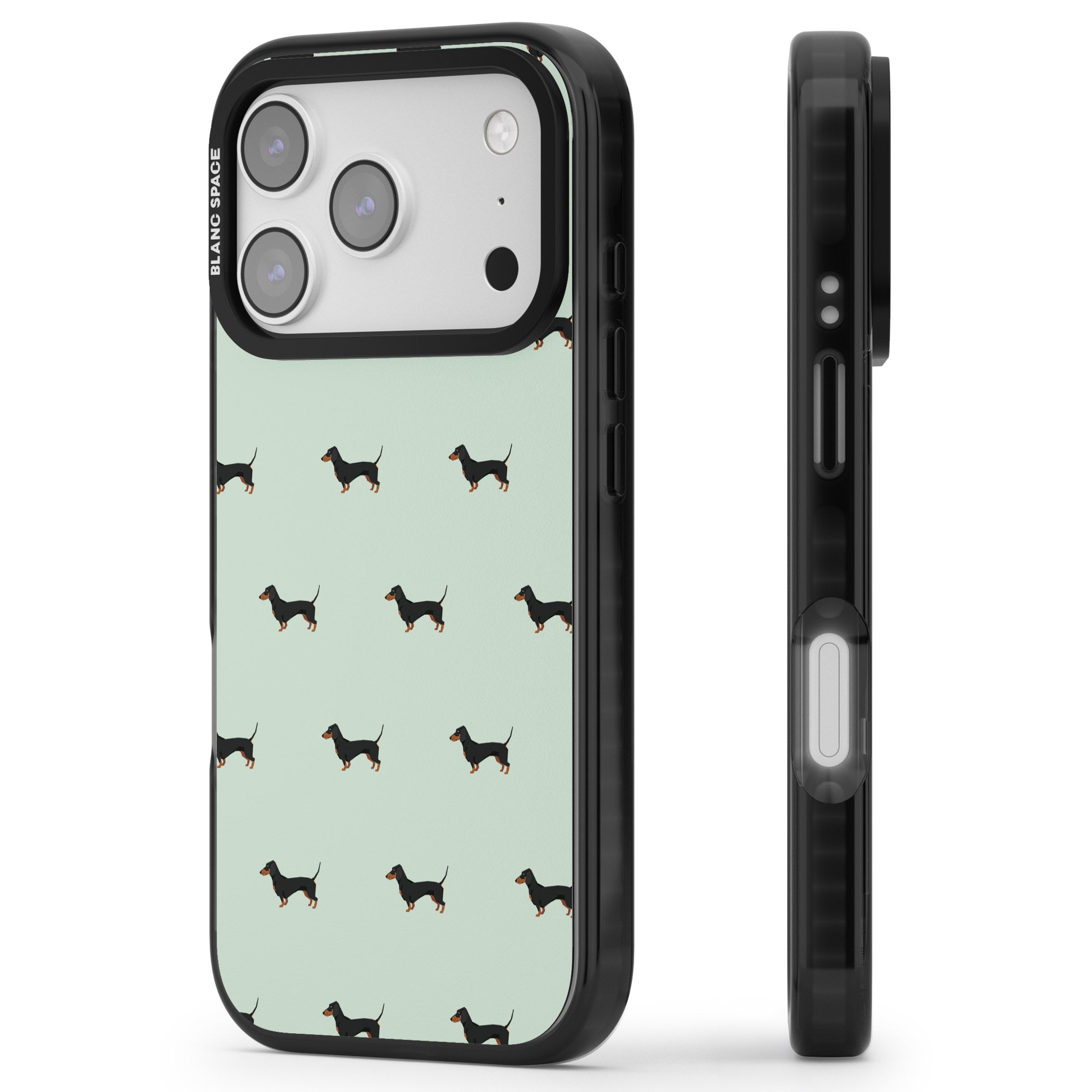 Dachshund Dog Pattern iPhone 17 Pro Impact Black Phone Case Side Profile