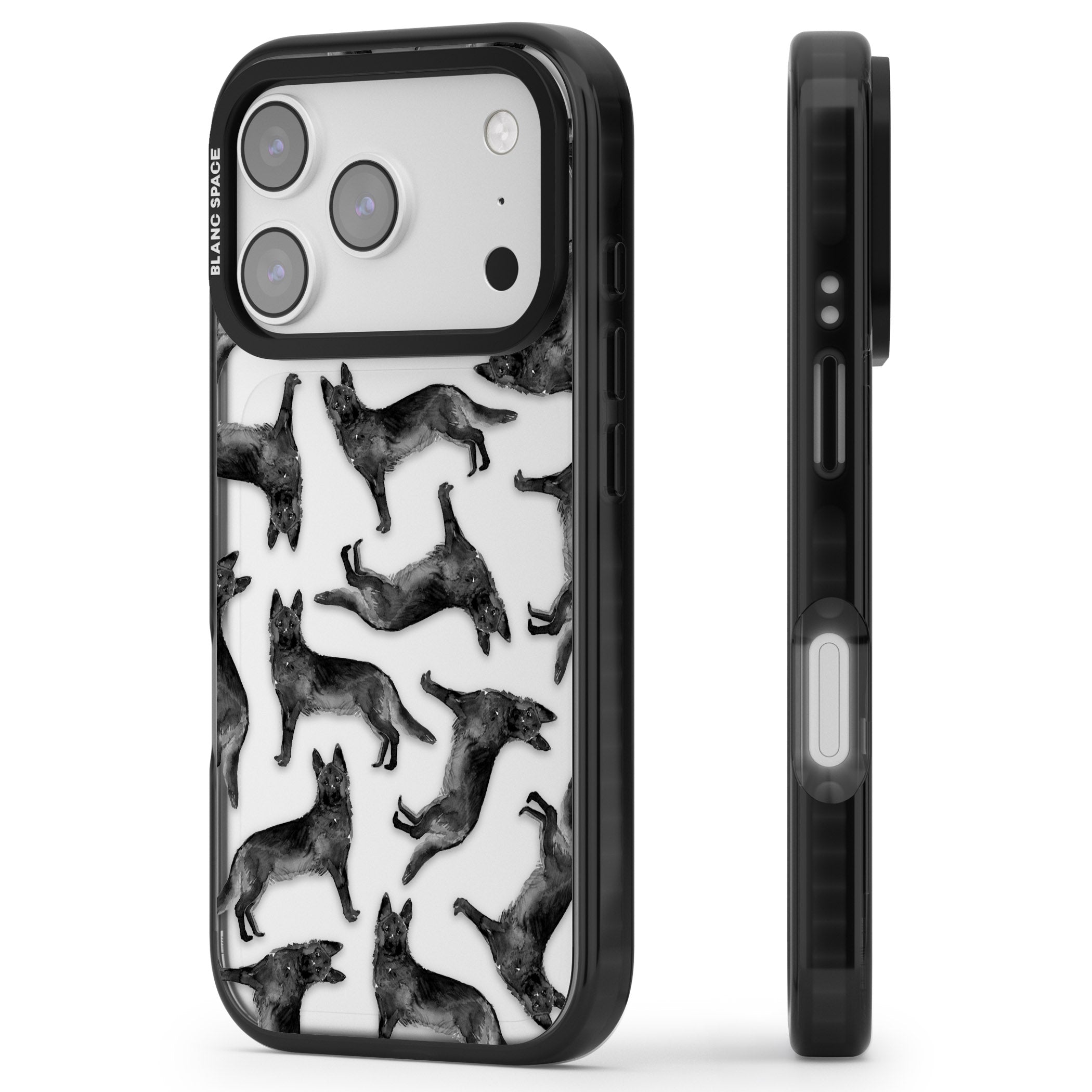 German Shepherd Pattern Black iPhone 17 Pro Max Impact Black Phone Case Side Profile