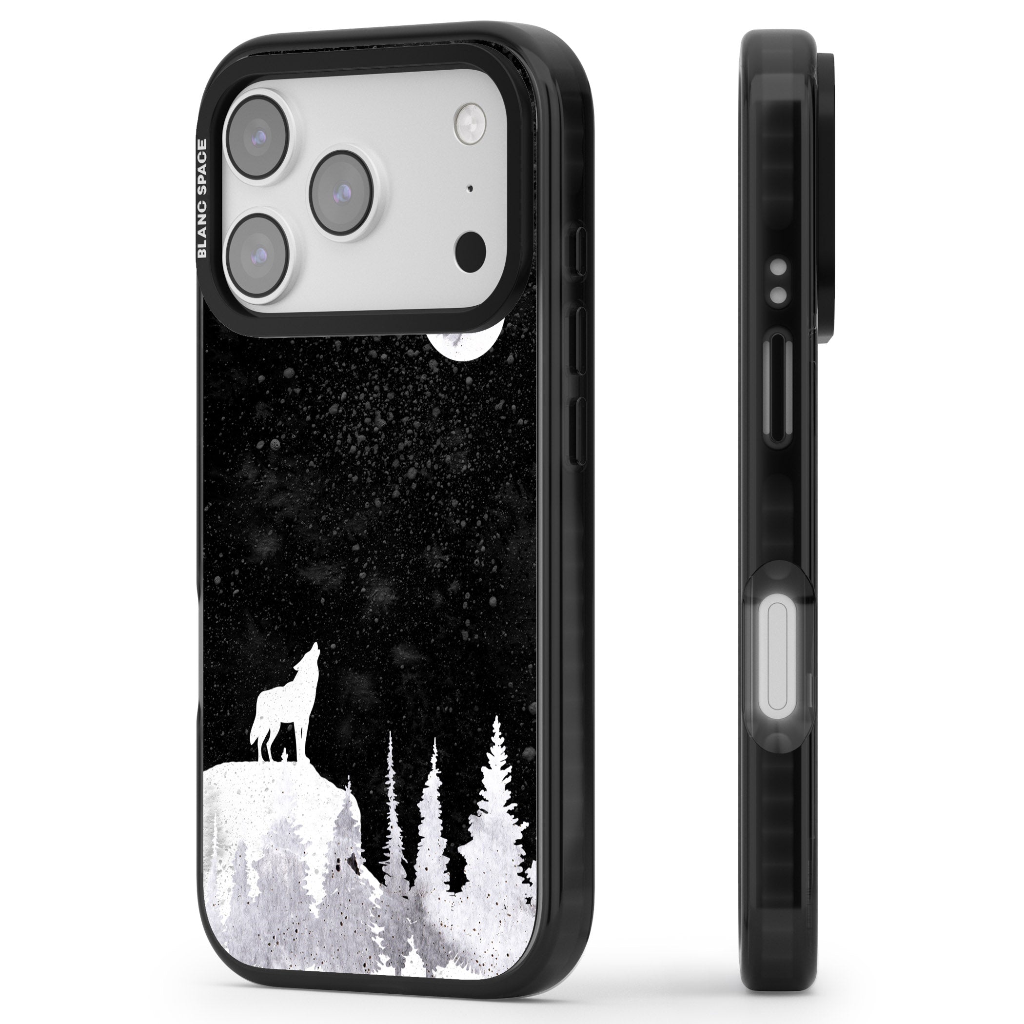 Moon Phases: Wolf & Full Moon iPhone 17 Pro Impact Black Phone Case Side Profile