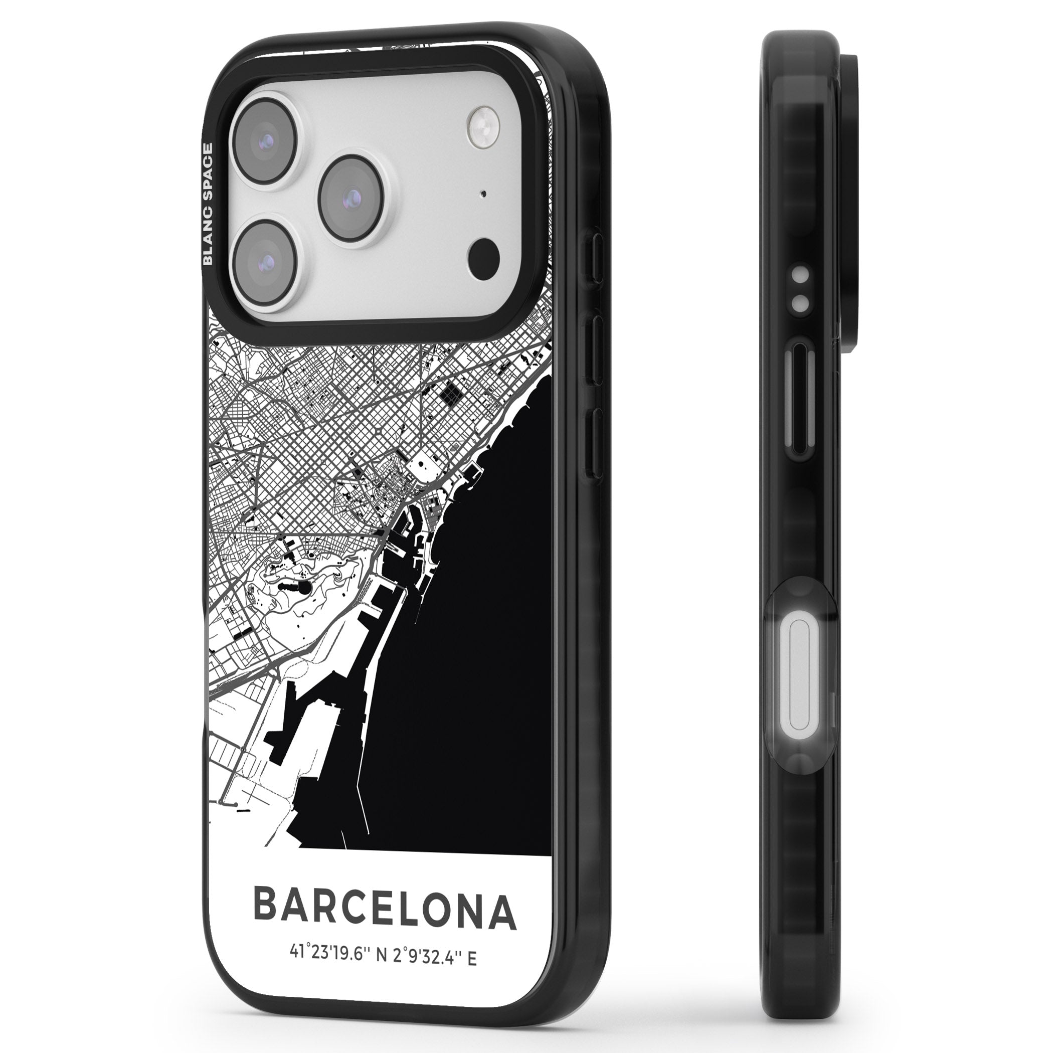 Barcelona Map iPhone 17 Pro Impact Black Phone Case Side Profile
