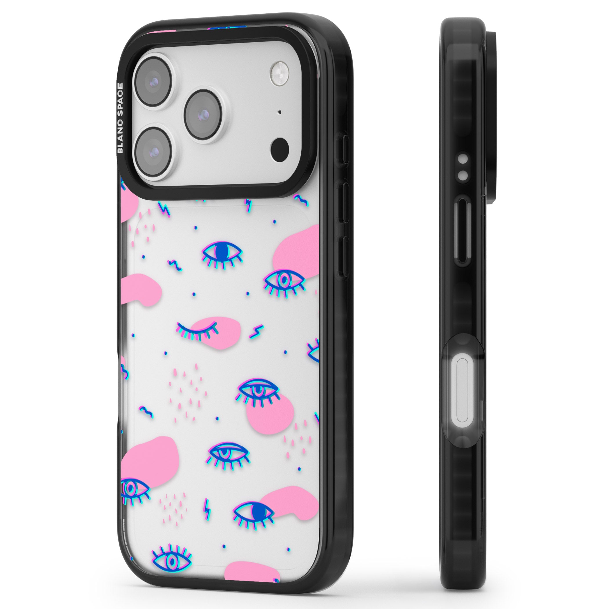 Pink Eye Pattern iPhone 17 Pro Max Impact Black Phone Case Side Profile