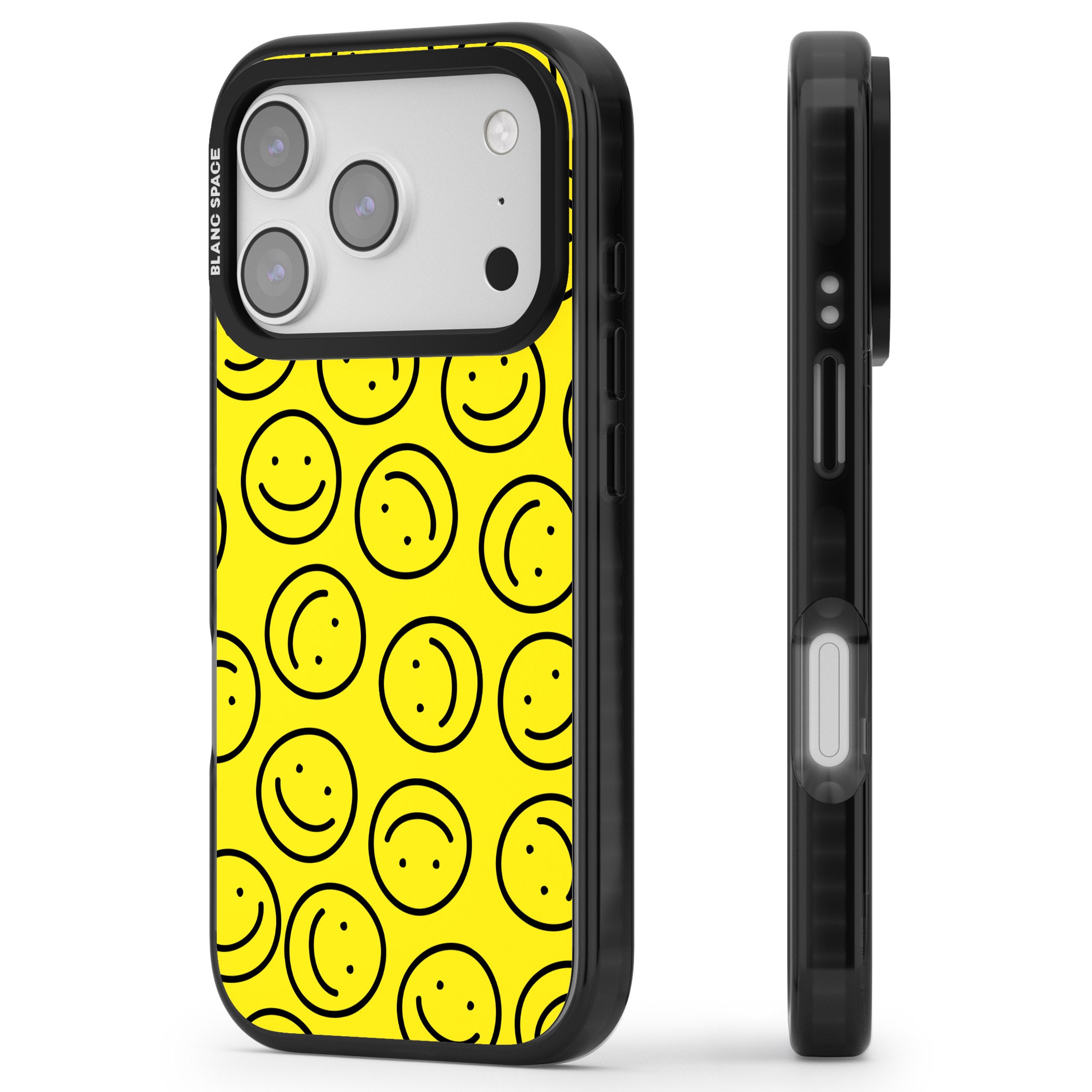 Happy Face Pattern iPhone 17 Pro Impact Black Phone Case Side Profile