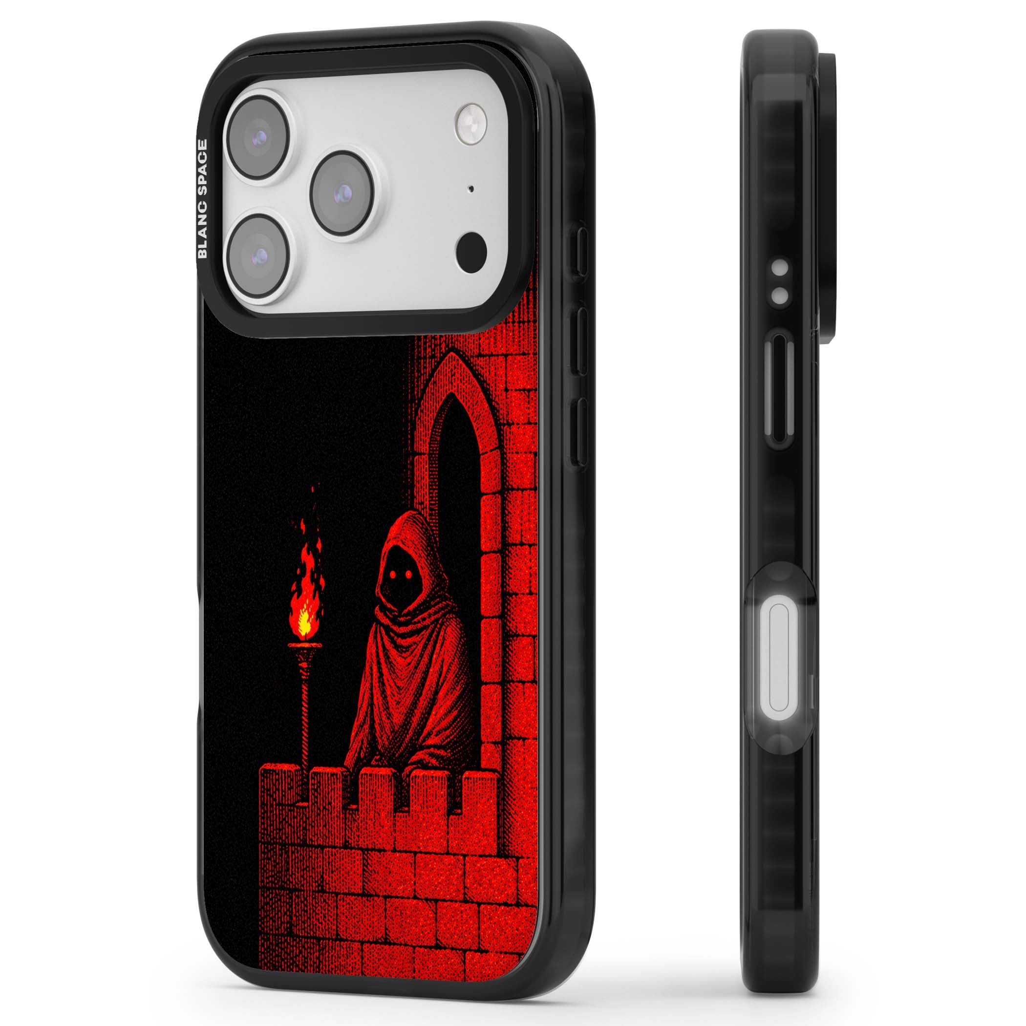 Crimson Crypt gothic iPhone case featuring a hooded reaper, torchlit crypt archway and red halftone horror art | Clear Impact case for iPhone 17 Pro, iPhone 17 Pro Max