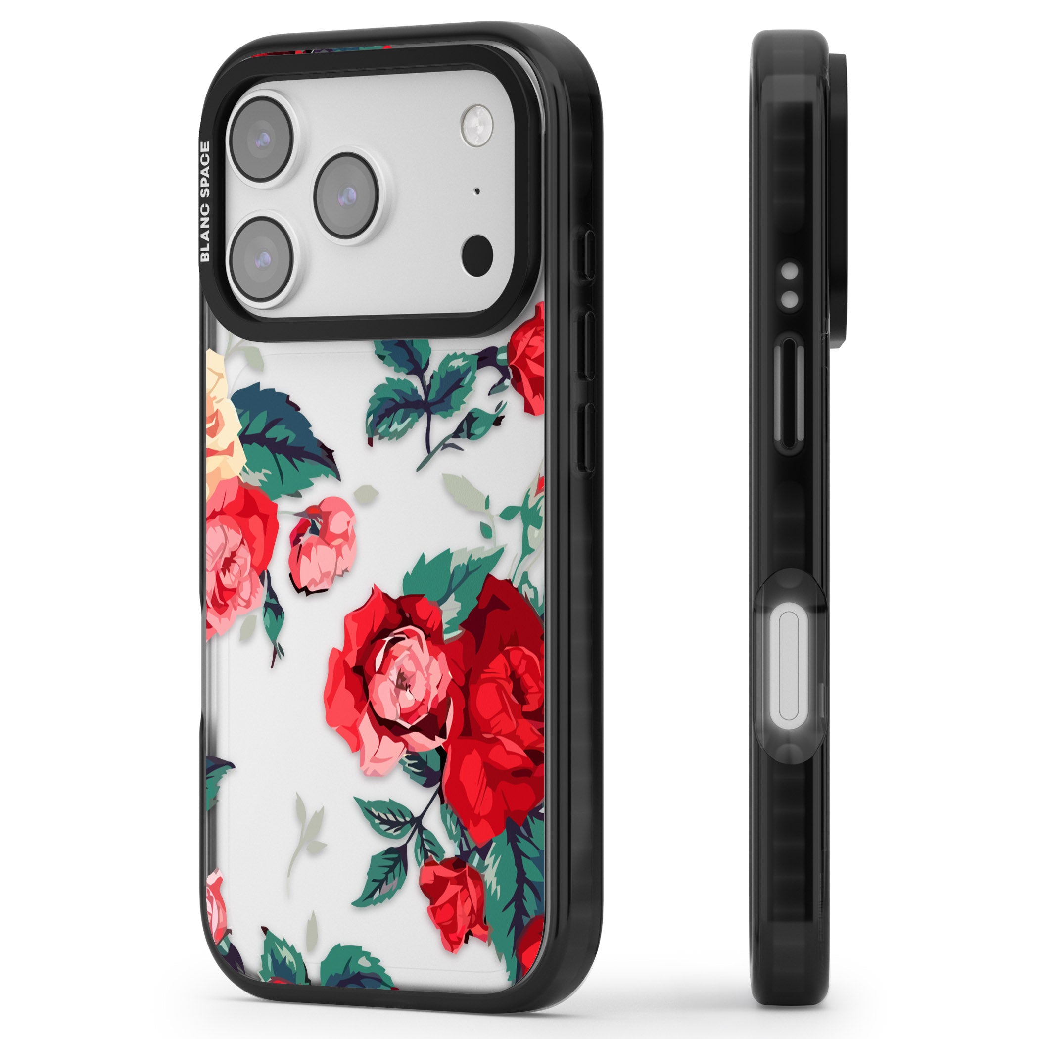 Rose Pattern iPhone 17 Pro Impact Black Phone Case Side Profile