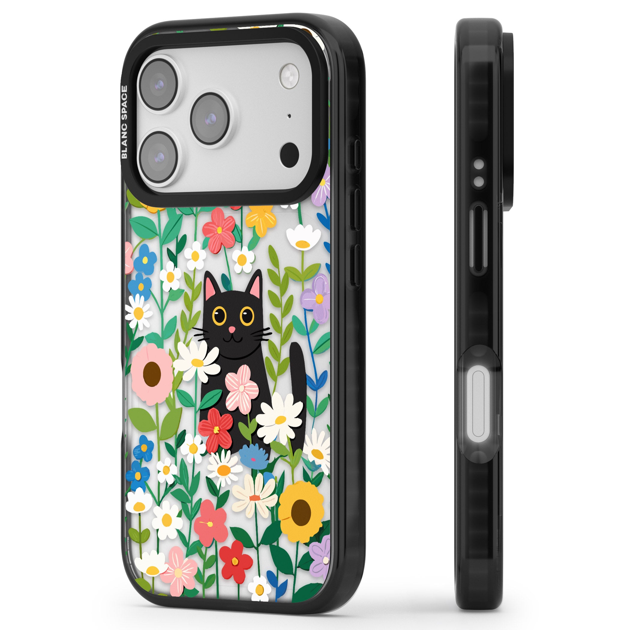 Whiskers & Wildflowers Cat iPhone 17 Pro Max Impact Black Phone Case Side Profile