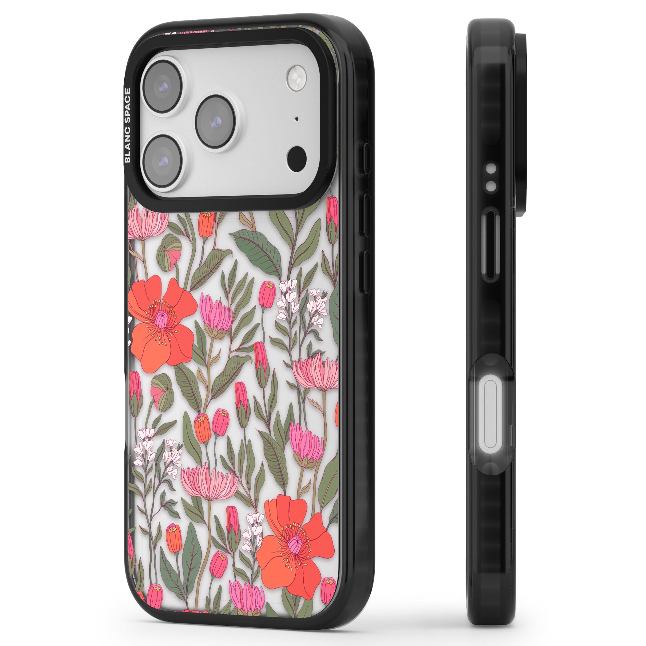 Peachy Floral iPhone 17 Pro Impact Black Phone Case Side Profile