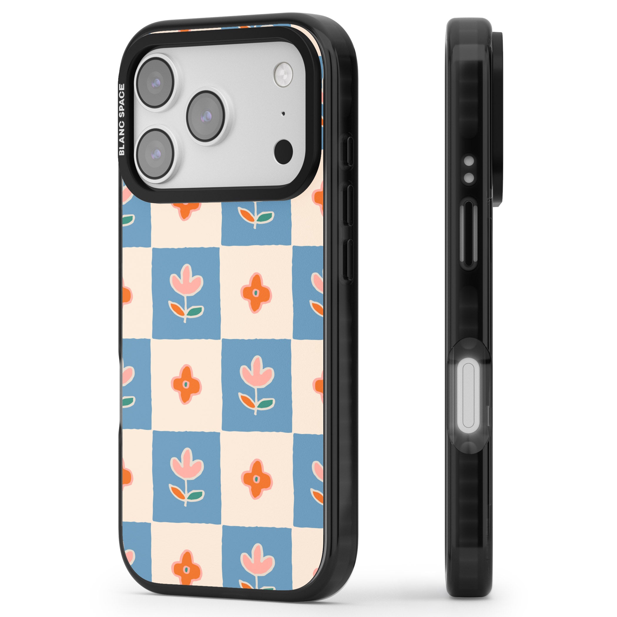 Vintage Bloom Checkered iPhone 17 Pro Max Impact Black Phone Case Side Profile