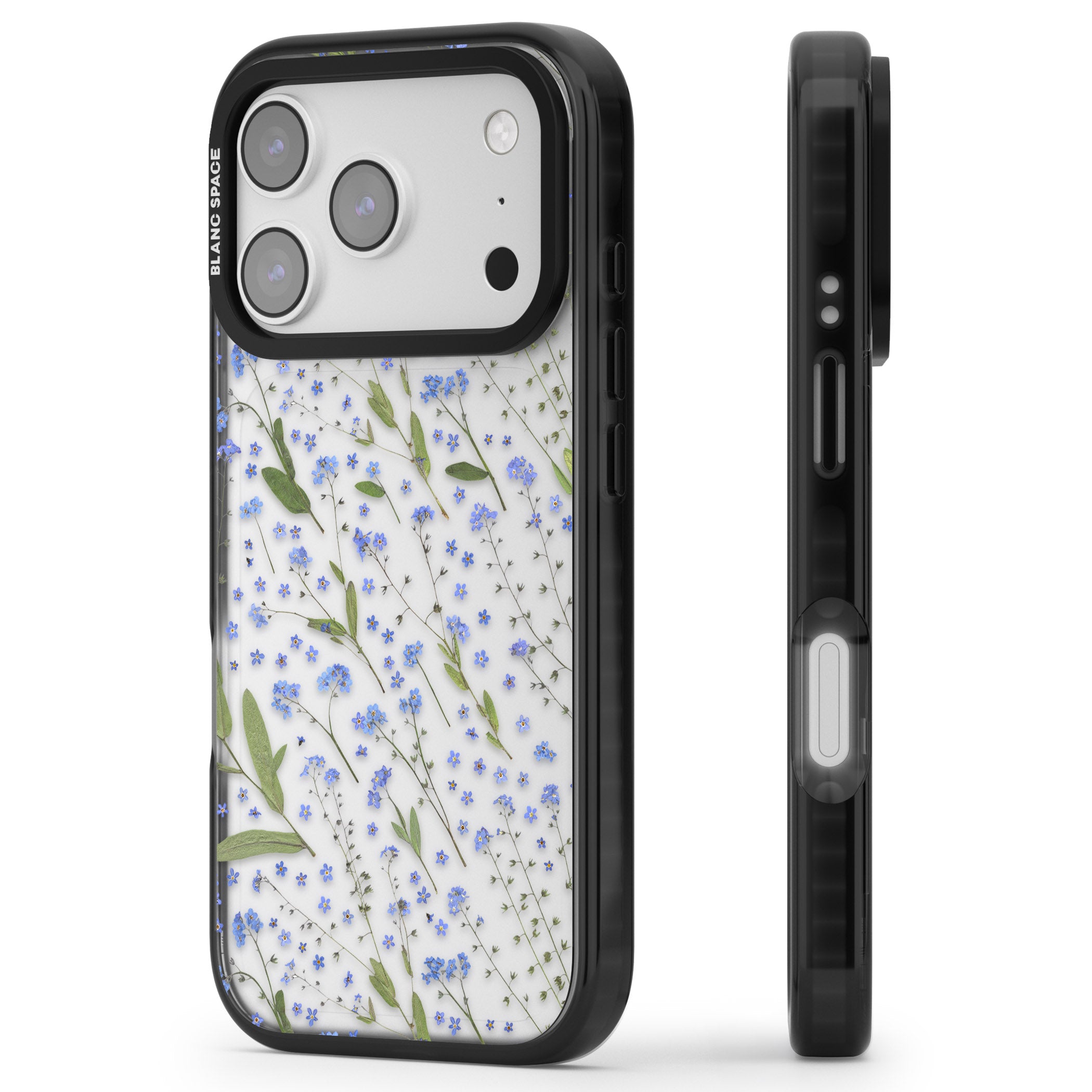 Blue Meadow Floral iPhone 17 Pro Impact Black Phone Case Side Profile