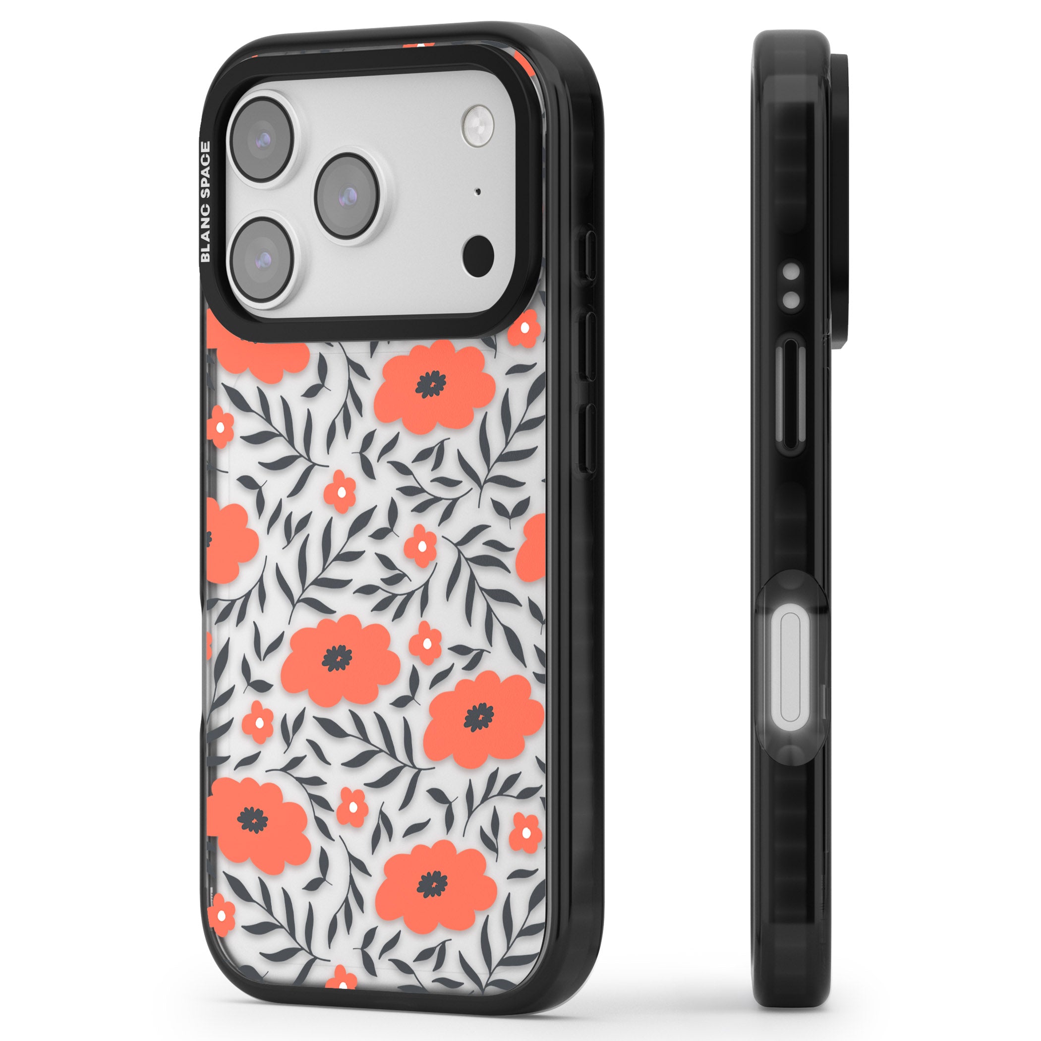 Red Poppy Floral iPhone 17 Pro Impact Black Phone Case Side Profile
