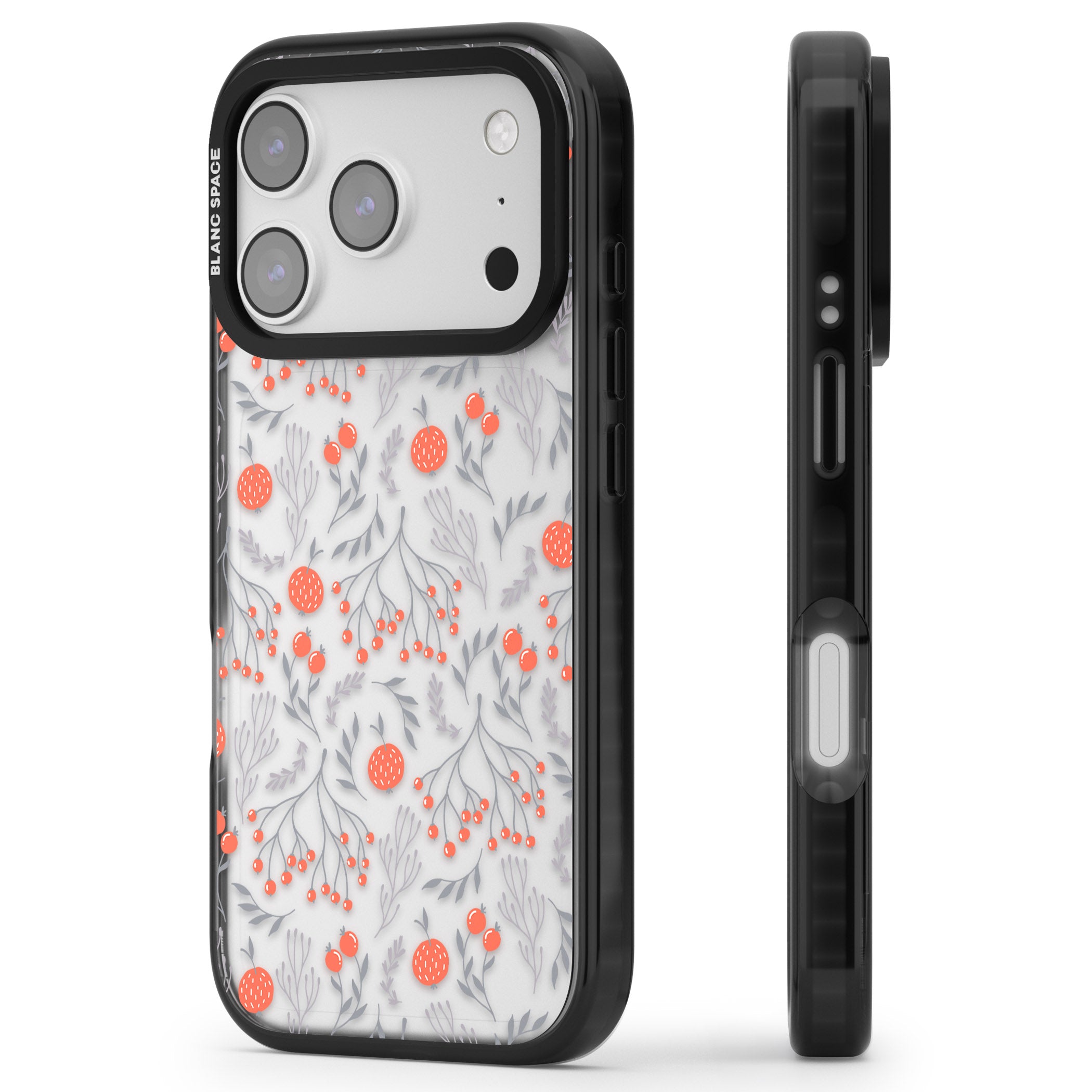 Red Fruits Floral iPhone 17 Pro Impact Black Phone Case Side Profile