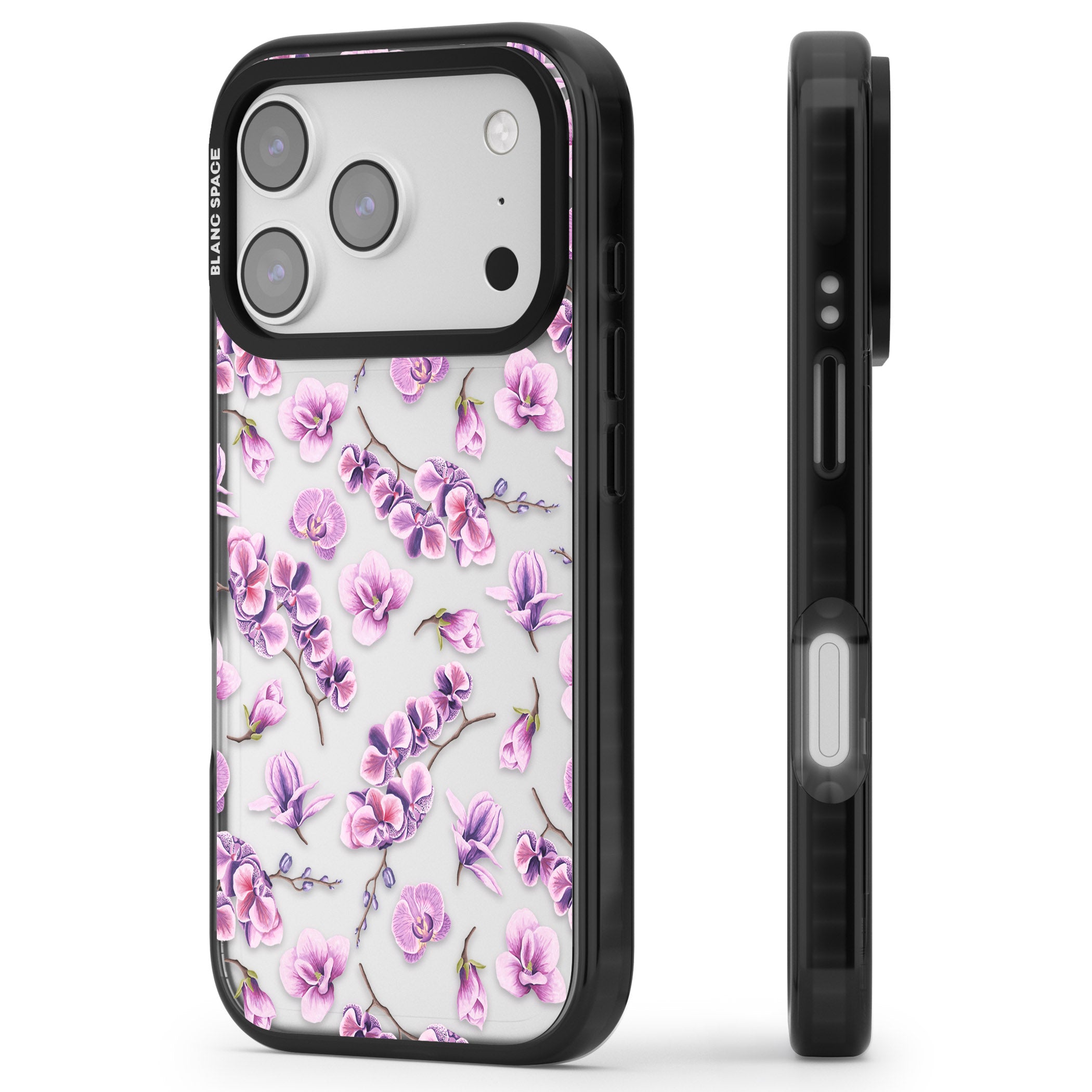 Purple Orchids Floral iPhone 17 Pro Impact Black Phone Case Side Profile