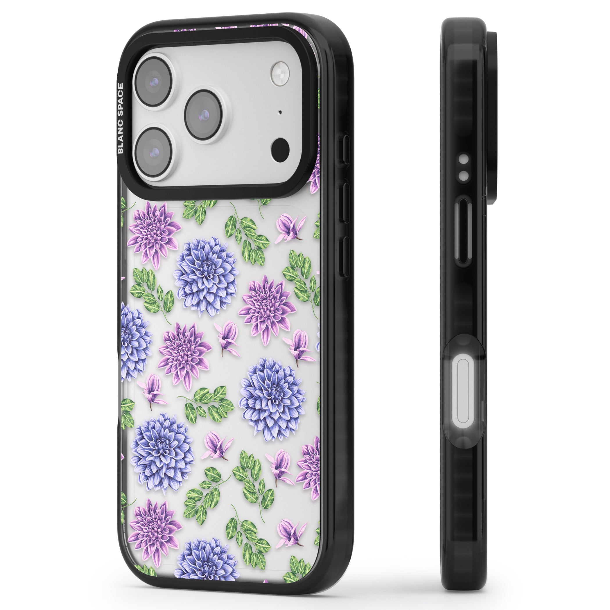 Purple Dahlias Floral iPhone 17 Pro Impact Black Phone Case Side Profile