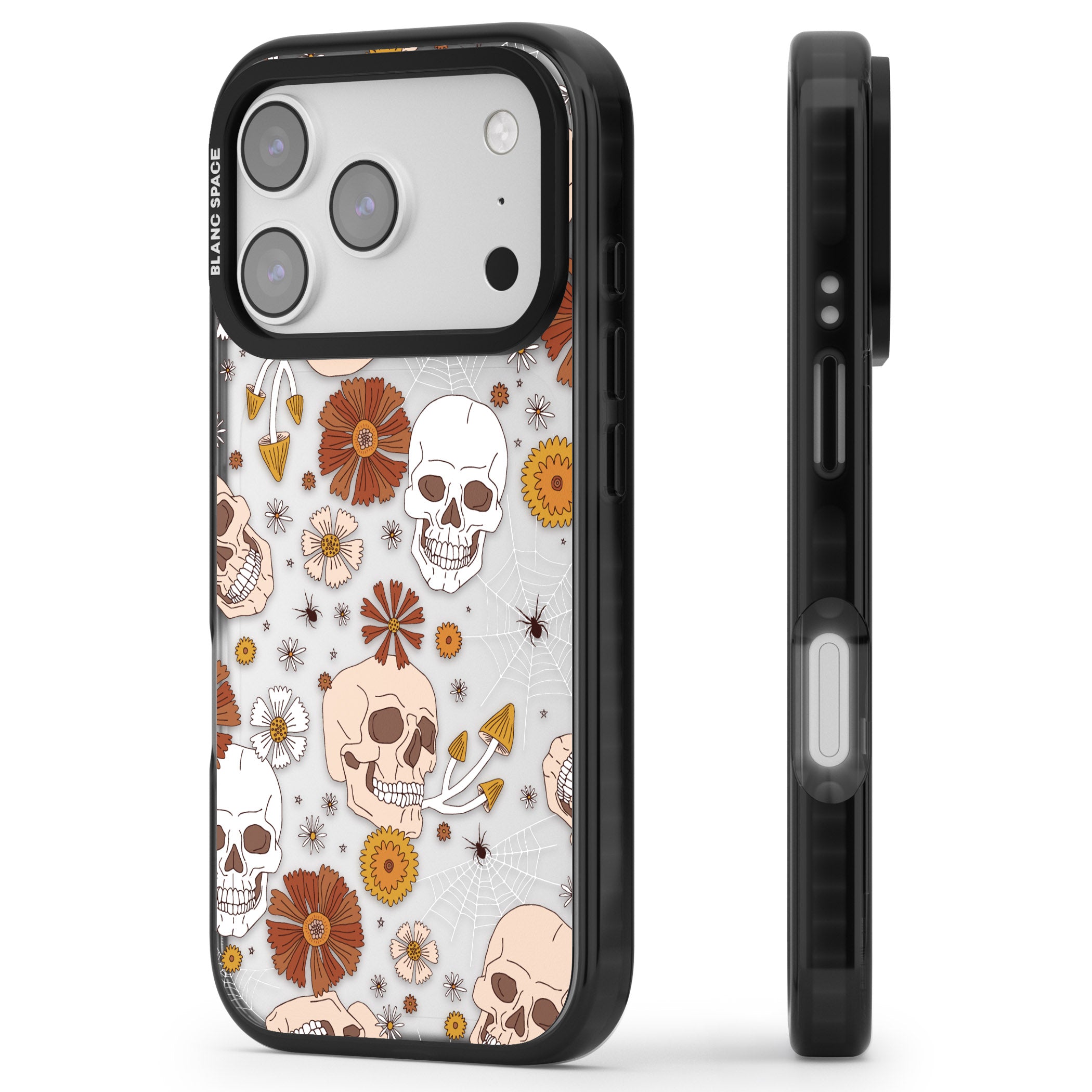 Halloween Skulls And Flowers iPhone 17 Pro Impact Black Phone Case Side Profile