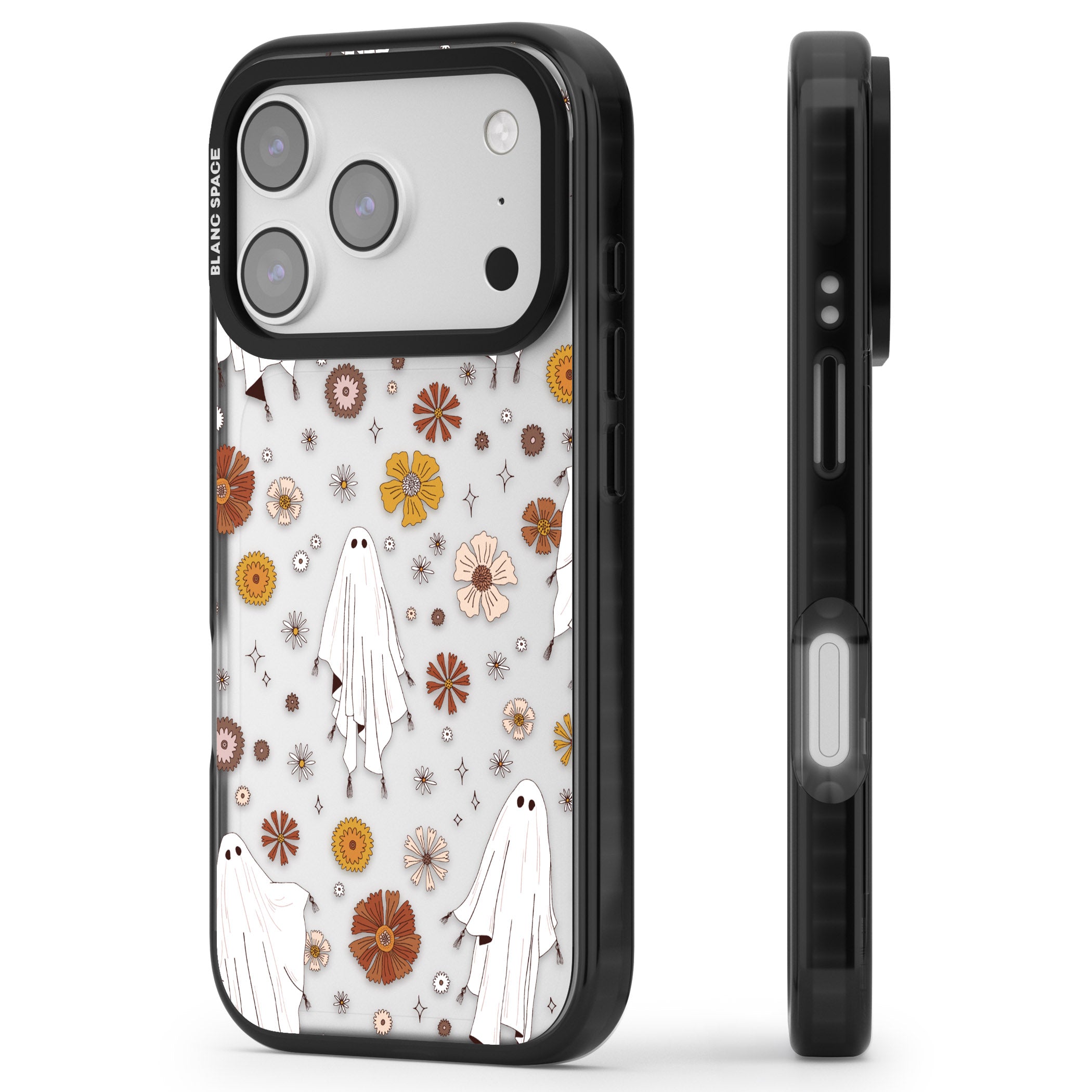 Halloween Ghosts And Flowers iPhone 17 Pro Max Impact Black Phone Case Side Profile