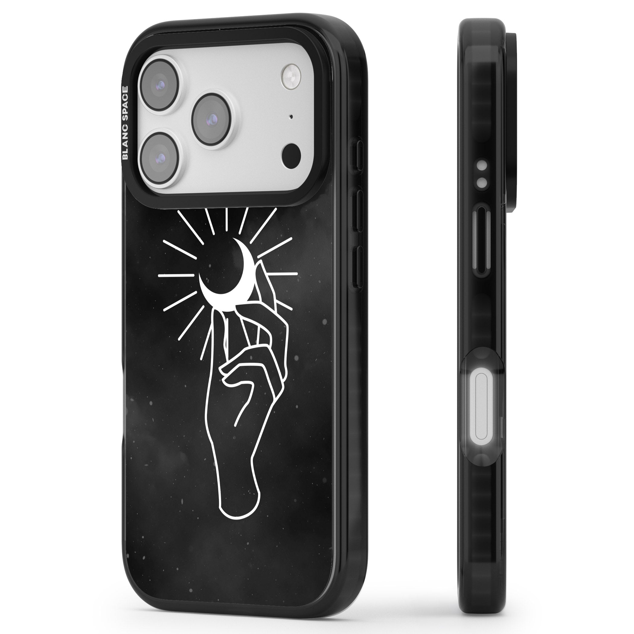 Hand Holding Celestial Moon iPhone 17 Pro Impact Black Phone Case Side Profile