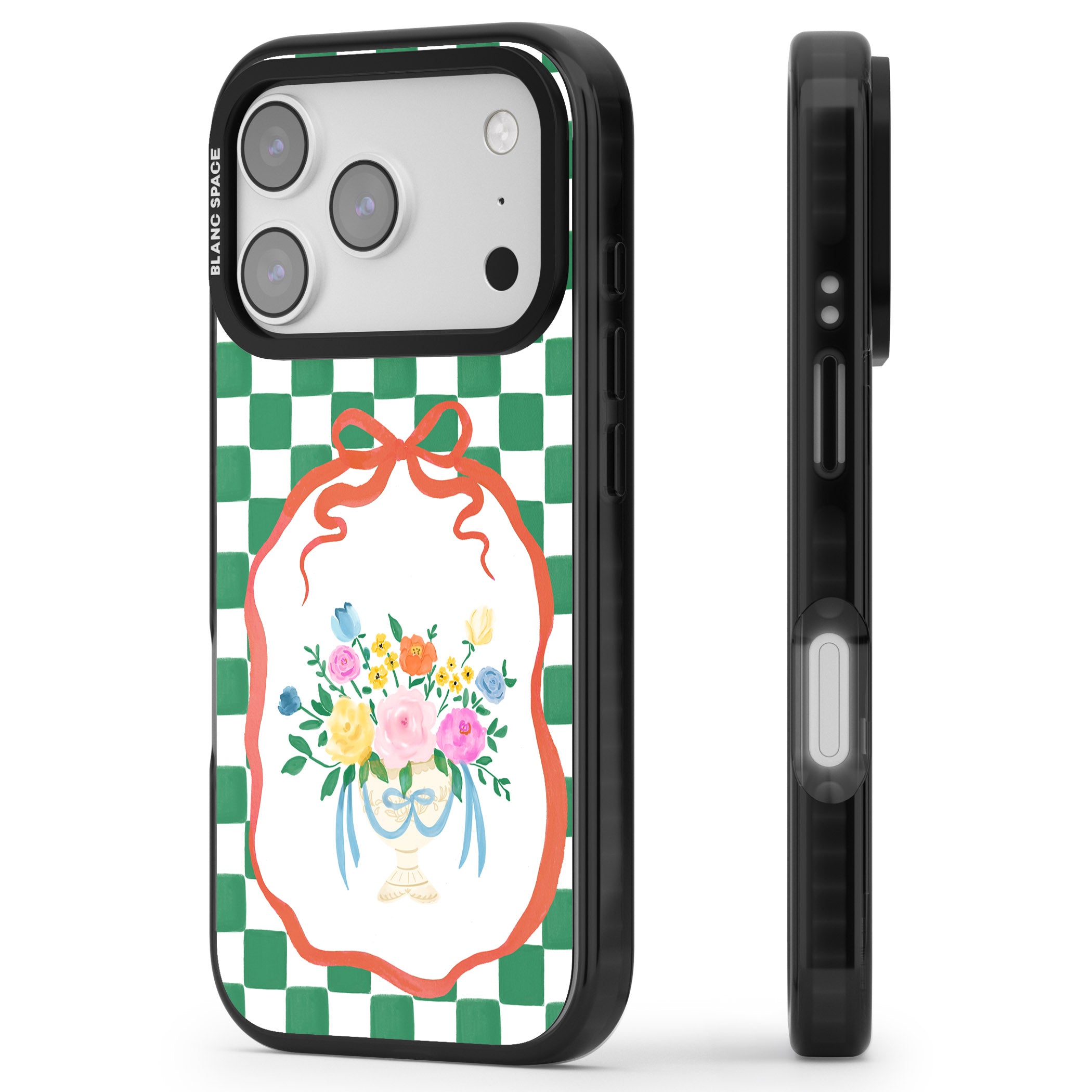 Green Checked Bouquet iPhone 17 Pro Impact Black Phone Case Side Profile