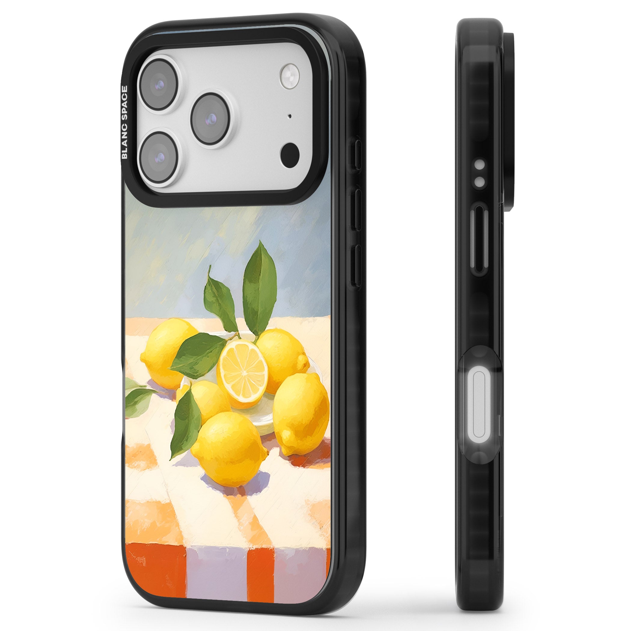 Lemons on Checkered Cloth iPhone 17 Pro Max Impact Black Phone Case Side Profile