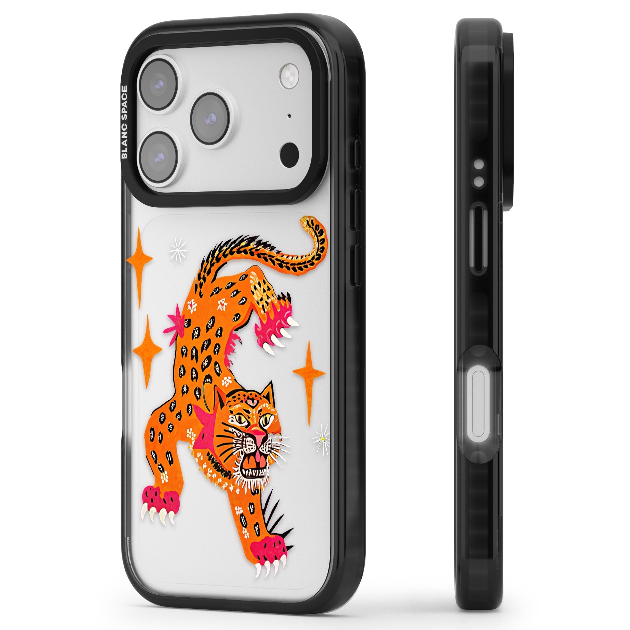 Fierce Jaguar Clear iPhone 17 Pro Max Impact Black Phone Case Side Profile