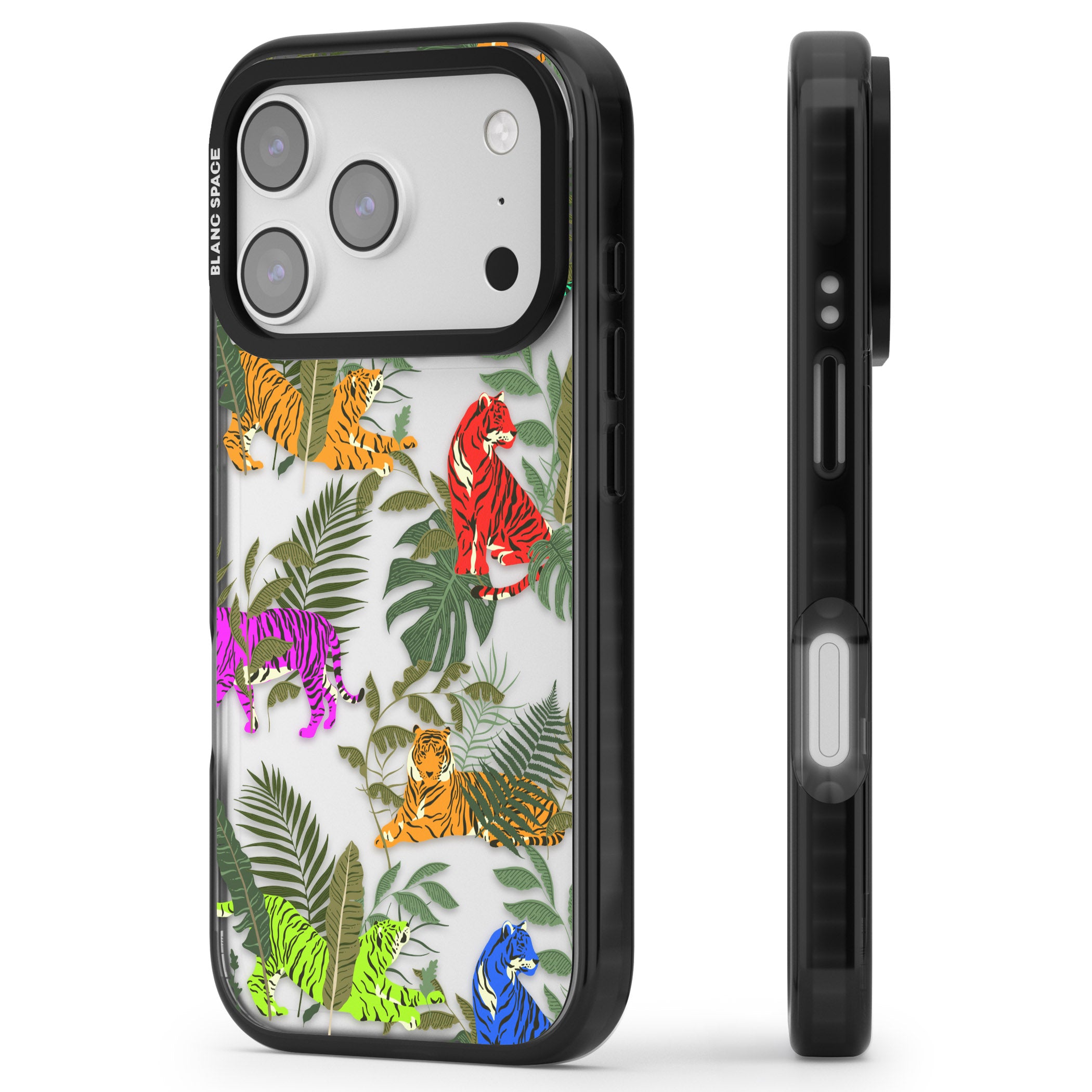 Colorful Jungle Tiger iPhone 17 Pro Impact Black Phone Case Side Profile