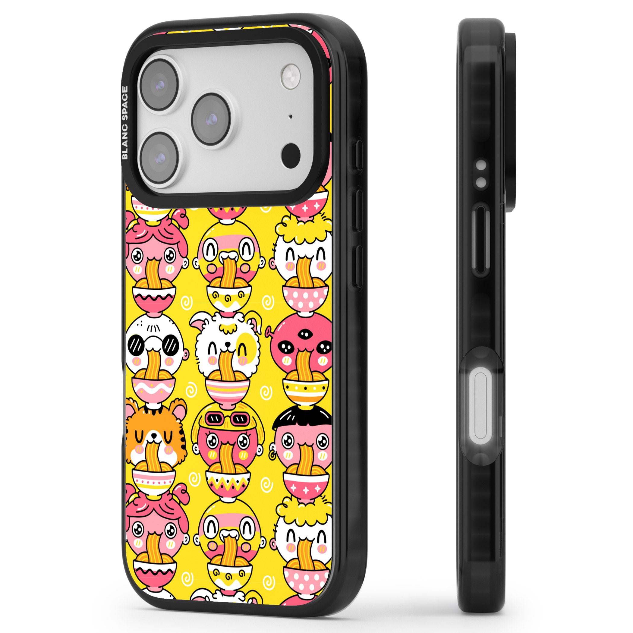 Ramen Noodle Kawaii Pattern iPhone 17 Pro Max Impact Black Phone Case Side Profile