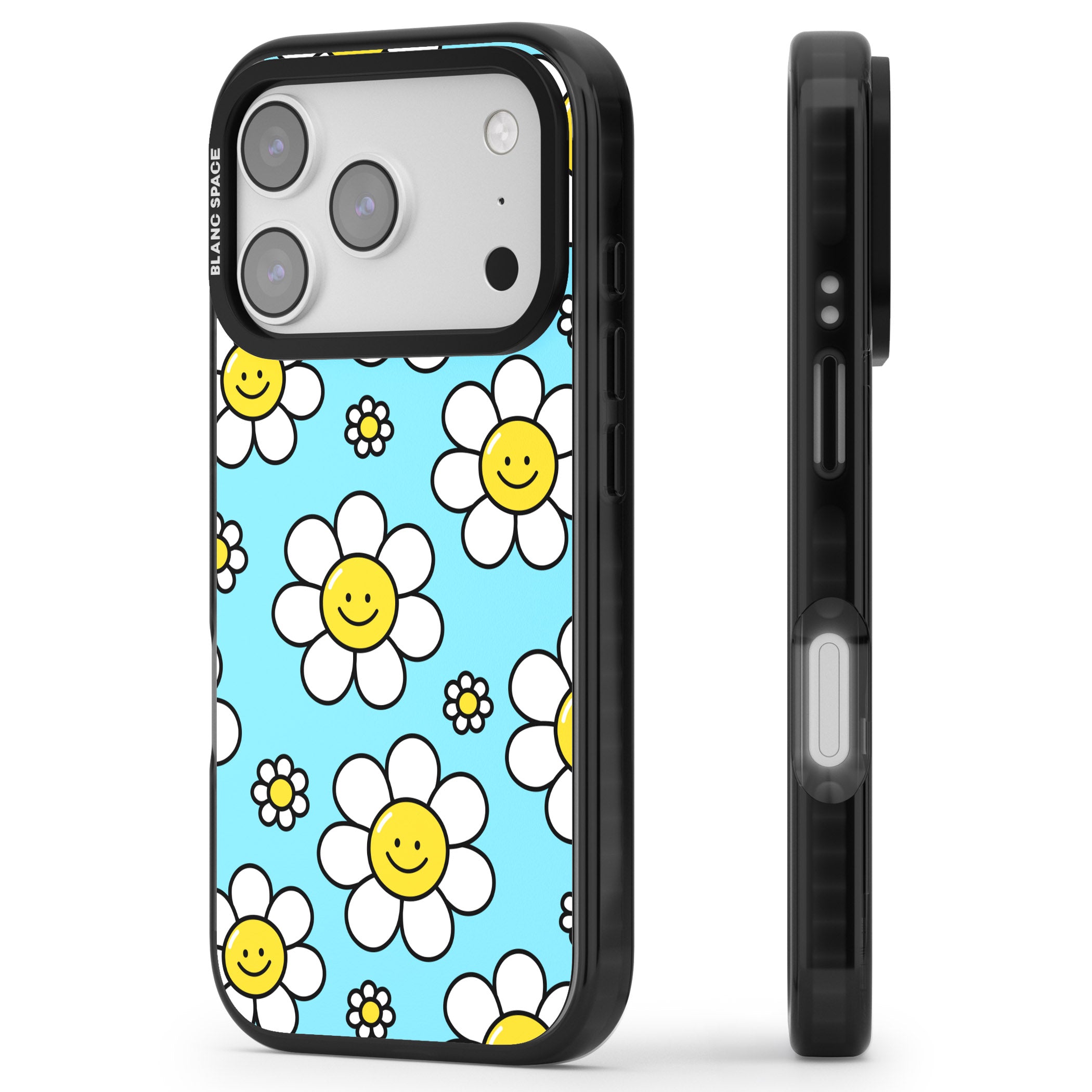Daisy Faces Kawaii Pattern iPhone 17 Pro Max Impact Black Phone Case Side Profile