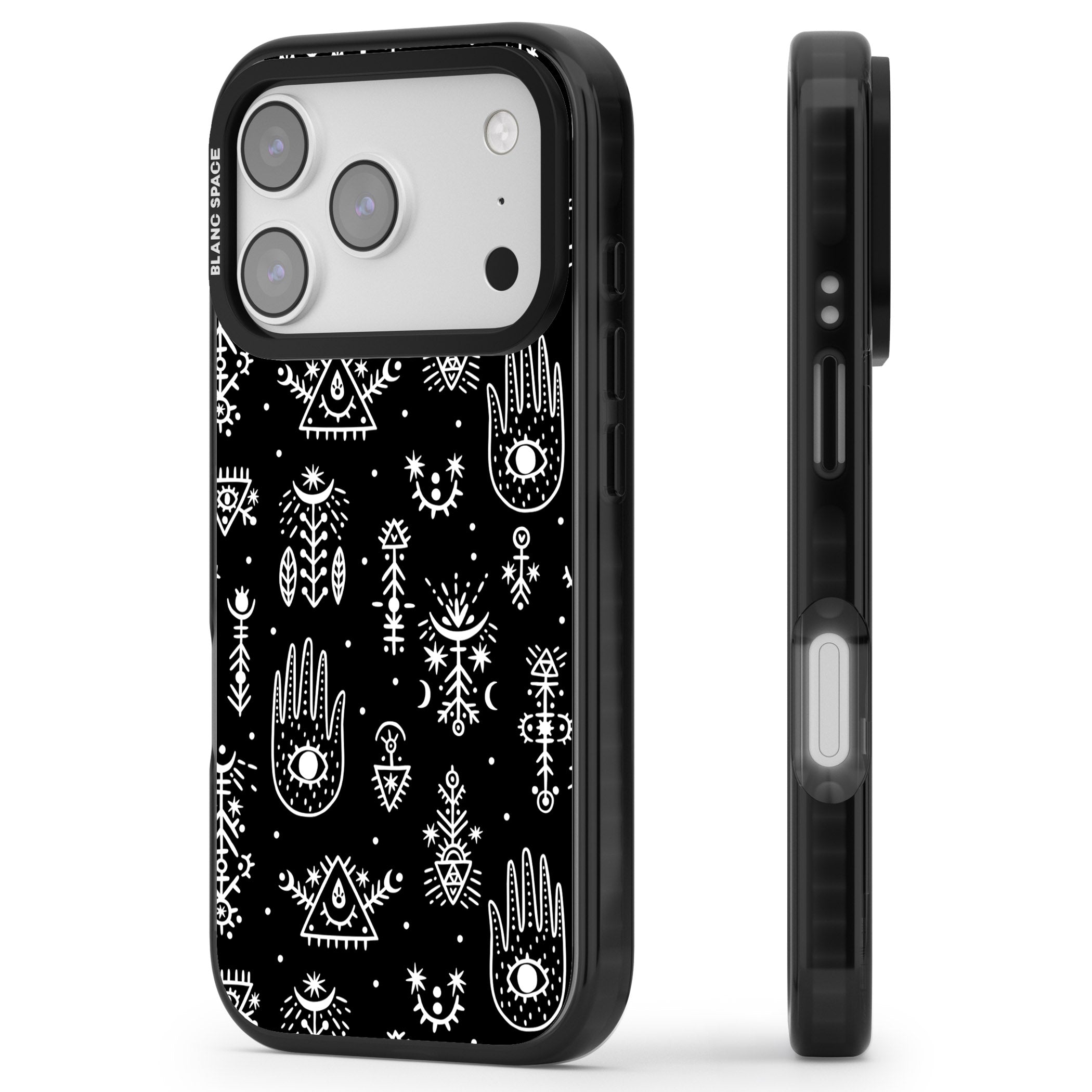 Tribal Symbols Black iPhone 17 Pro Impact Black Phone Case Side Profile