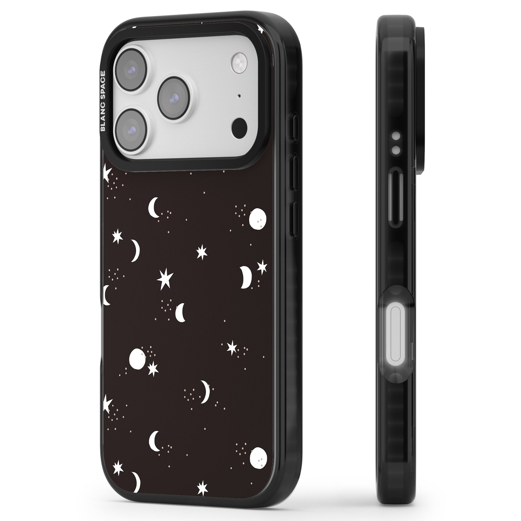 Funky Moons & Stars iPhone 17 Pro Impact Black Phone Case Side Profile