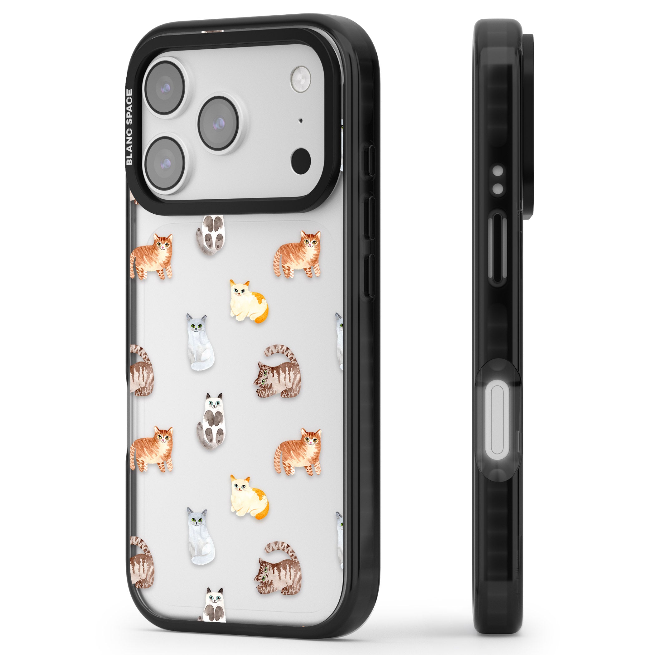 Cute Cat Pattern Classic iPhone 17 Pro Impact Black Phone Case Side Profile