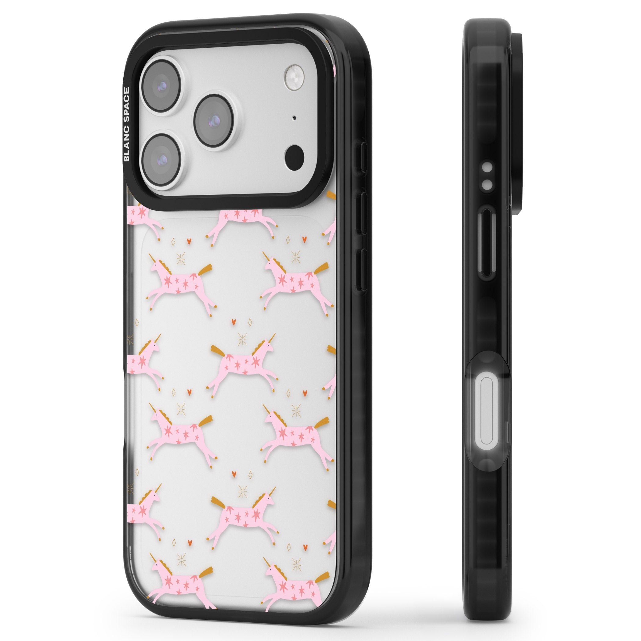Pink Unicorn iPhone 17 Pro Impact Black Phone Case Side Profile