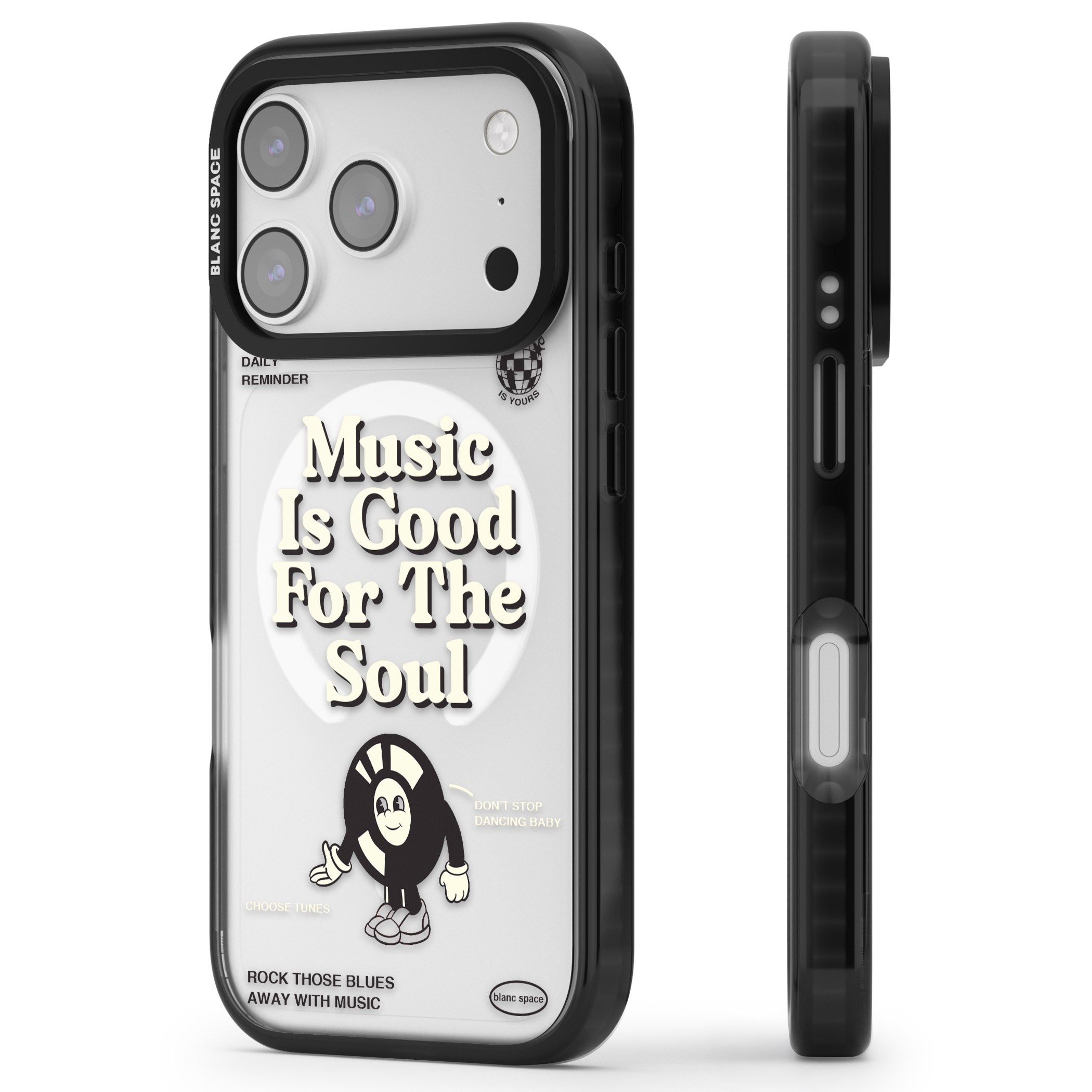 Music Is Good For The Soul iPhone 17 Pro Impact Pro Black Phone Case Side Profile