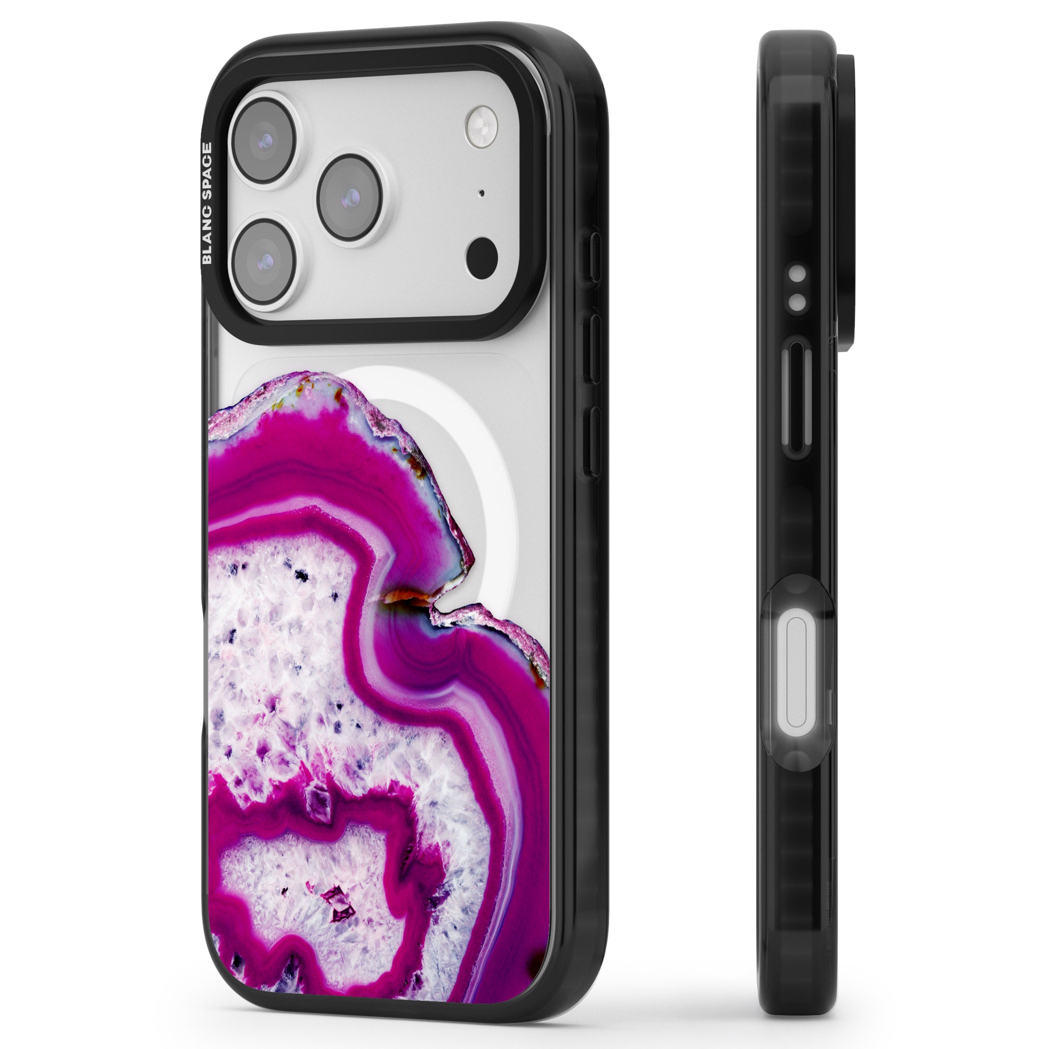 Violet Crystal Agate iPhone 17 Pro Impact Pro Black Phone Case Side Profile