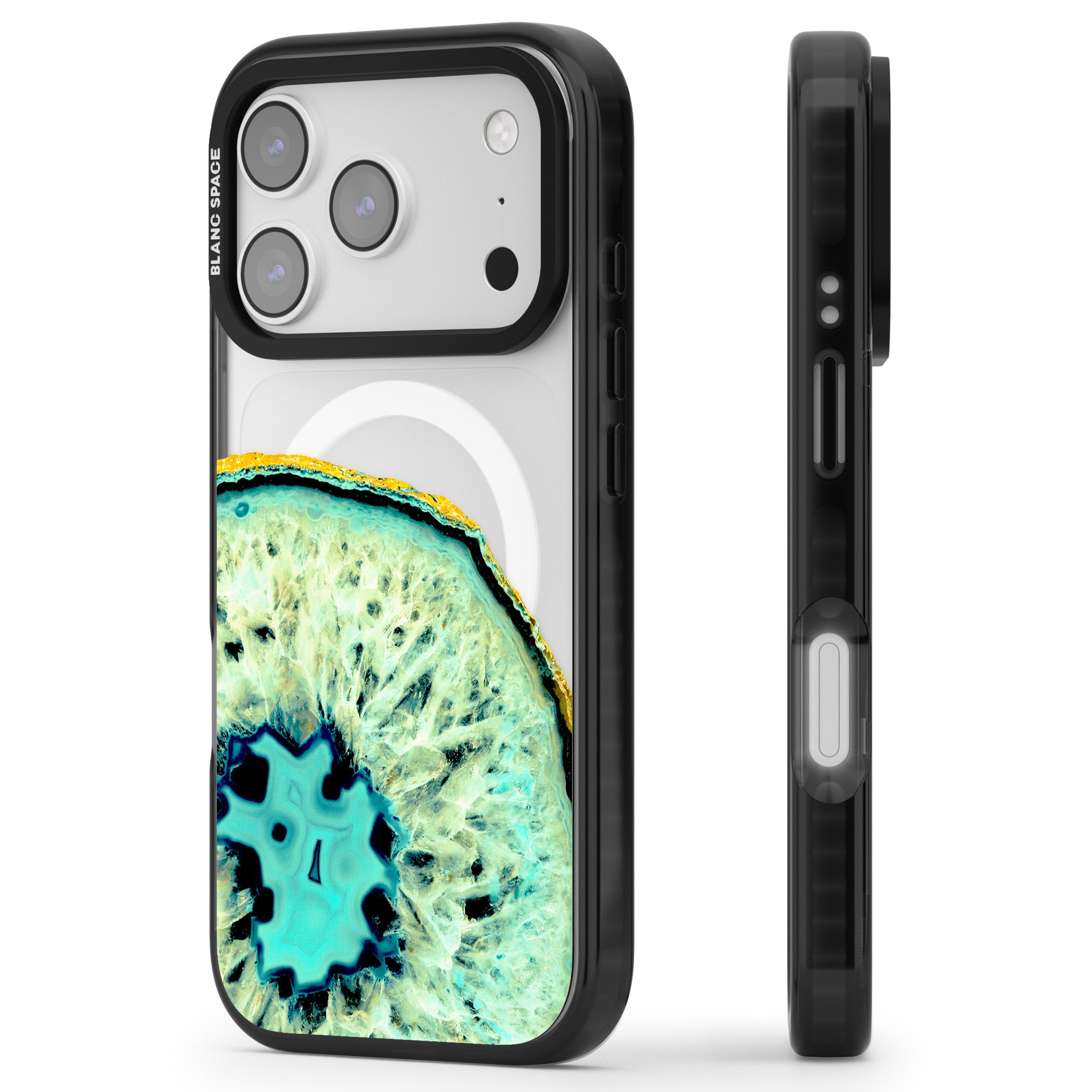 Turquoise Geode Crystal iPhone 17 Pro Max Impact Pro Black Phone Case Side Profile
