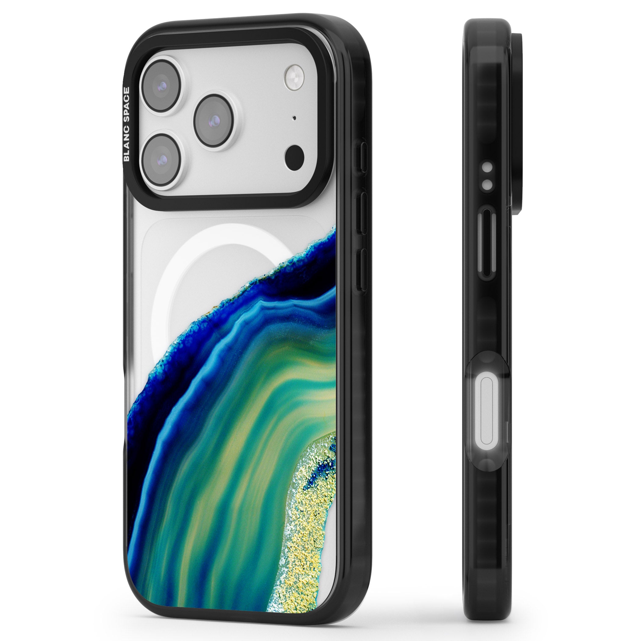 Green & Blue Emerald Geode iPhone 17 Pro Impact Pro Black Phone Case Side Profile