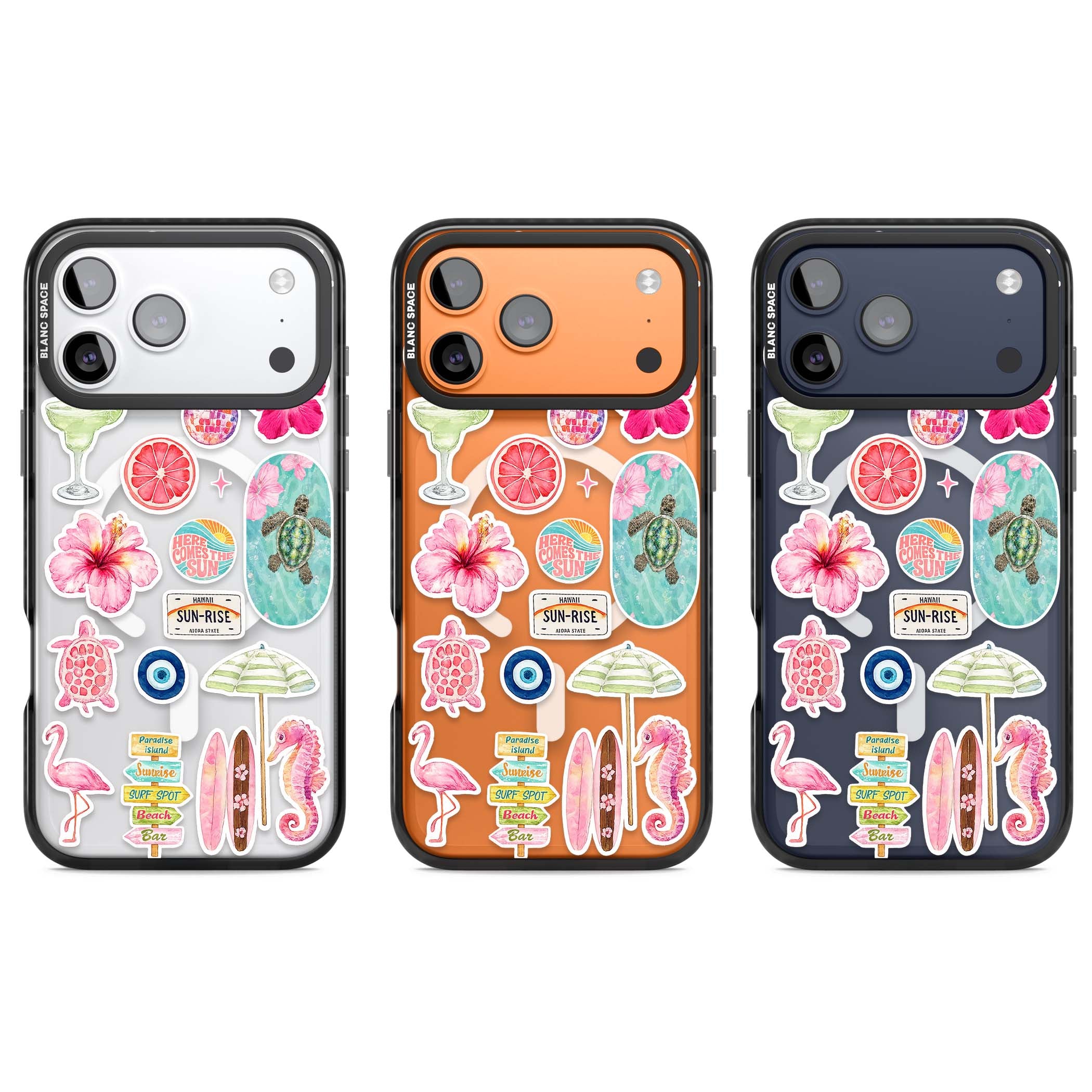 Aloha Sticker Mix tropical summer iPhone case featuring pink hibiscus, sea turtles, flamingo and beach umbrella stickers | Black Impact Magsafe case for iPhone 17 Pro, iPhone 17 Pro Max