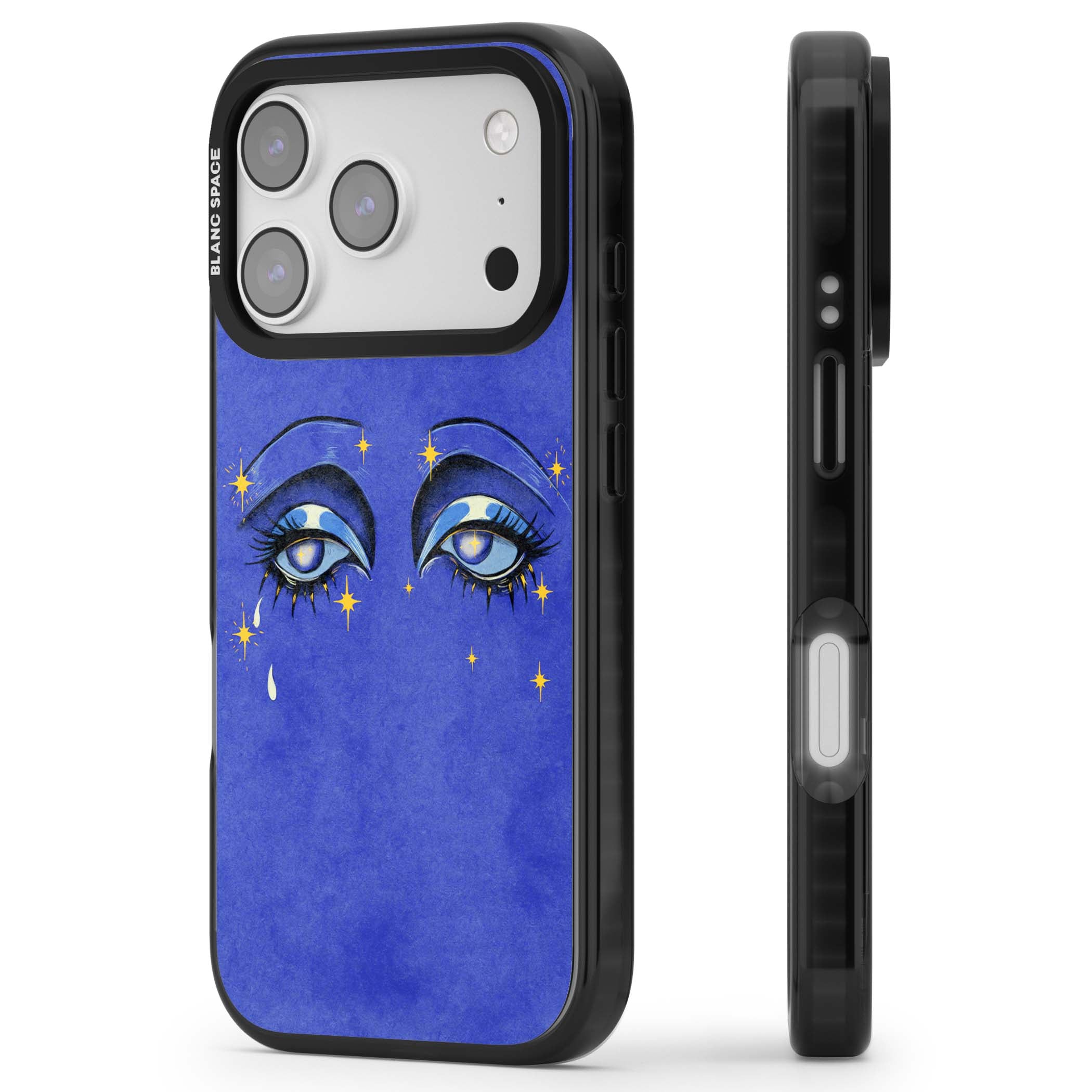 Blue Mystic Eyes celestial iPhone case featuring hand drawn blue mystical eyes, golden stars and a painted tear on indigo | Black Impact Magsafe case for iPhone 17 Pro, iPhone 17 Pro Max