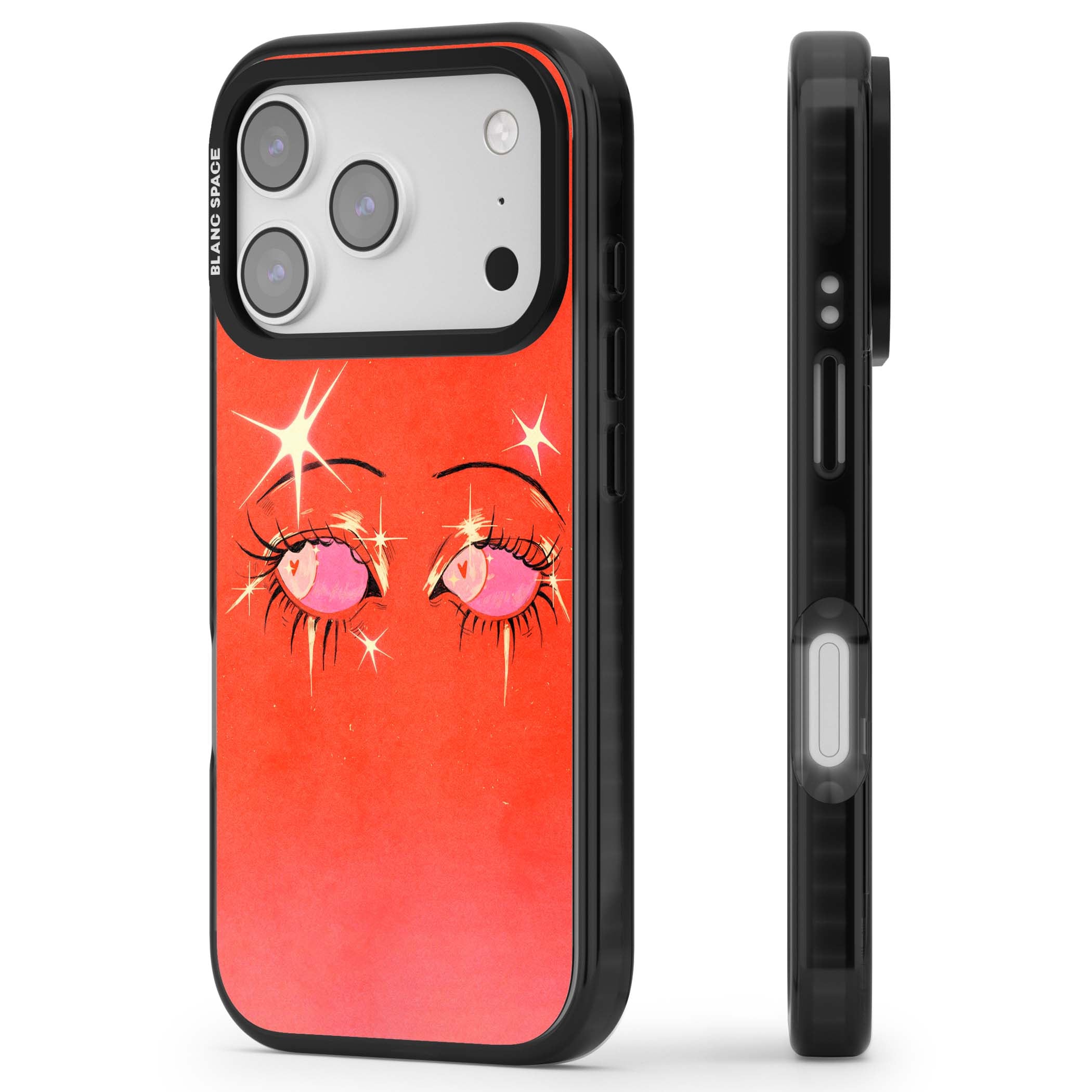 Pink Ethereal Eyes anime iPhone case featuring hand-drawn sparkly eyes with pink hearts and gold stars on red | Black Impact Magsafe case for iPhone 17 Pro, iPhone 17 Pro Max