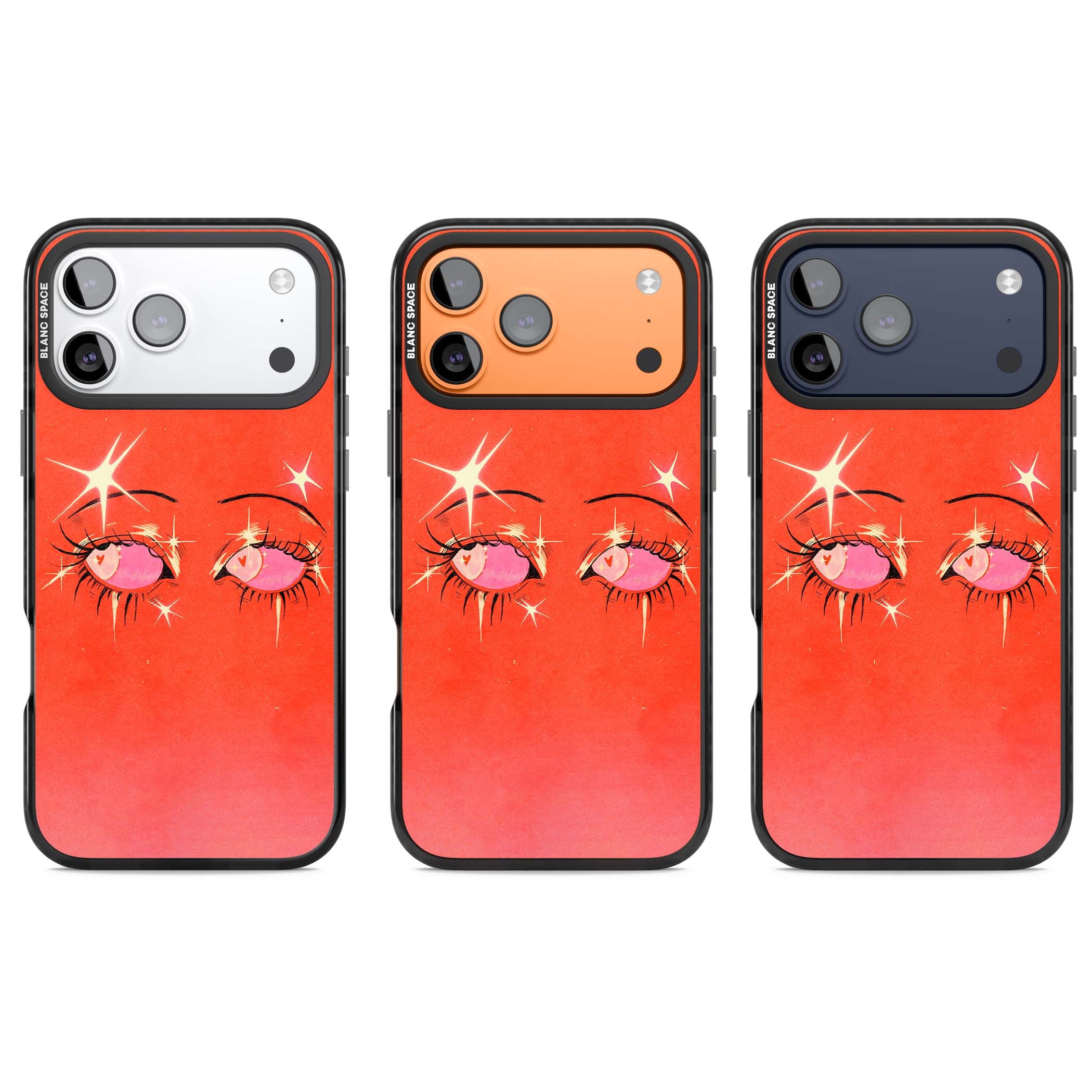 Pink Ethereal Eyes anime iPhone case featuring hand-drawn sparkly eyes with pink hearts and gold stars on red | Black Impact Magsafe case for iPhone 17 Pro, iPhone 17 Pro Max