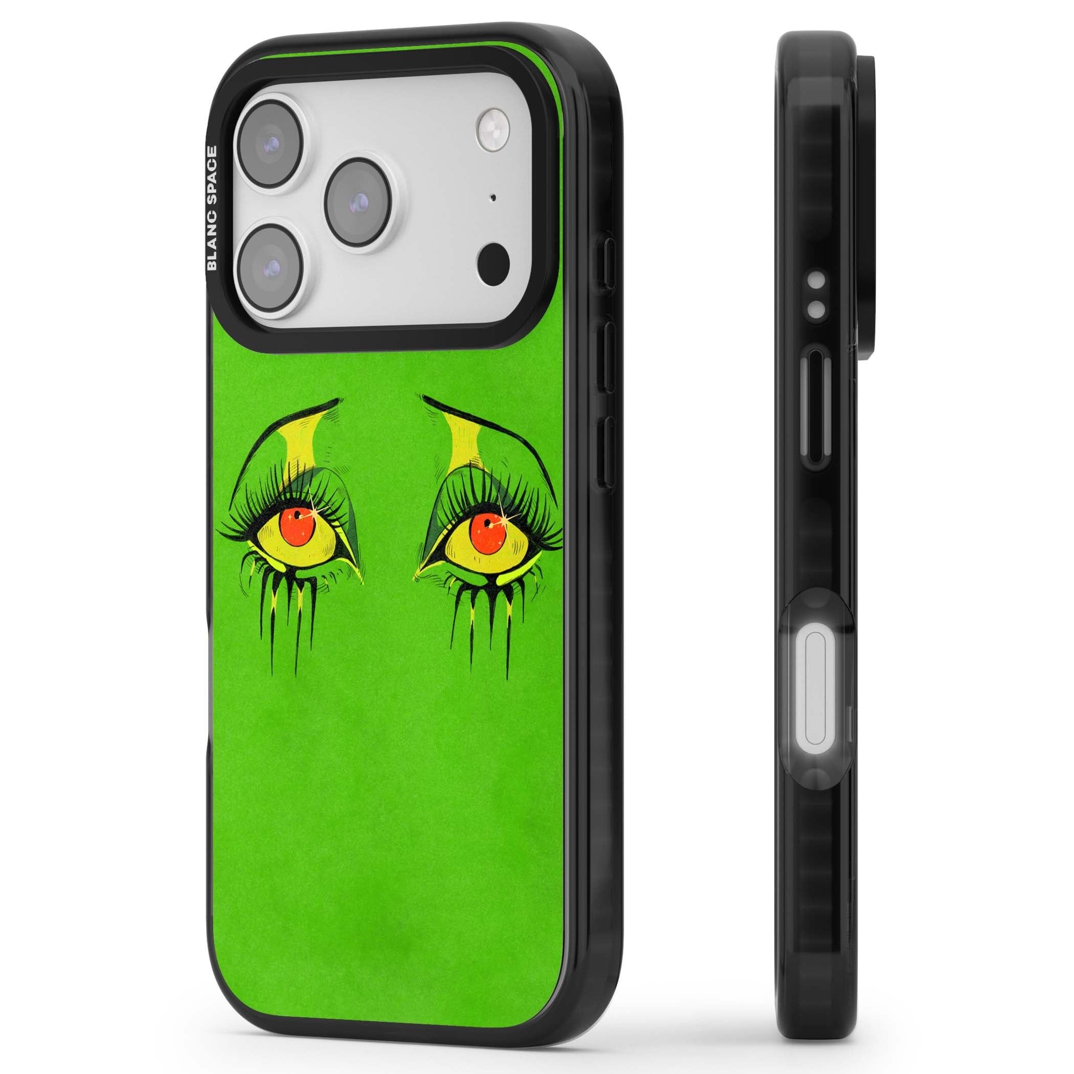 Green Enchanted Eyes psychedelic art iPhone case featuring hand-drawn dripping eyes on neon green background | Black Impact Magsafe case for iPhone 17 Pro, iPhone 17 Pro Max