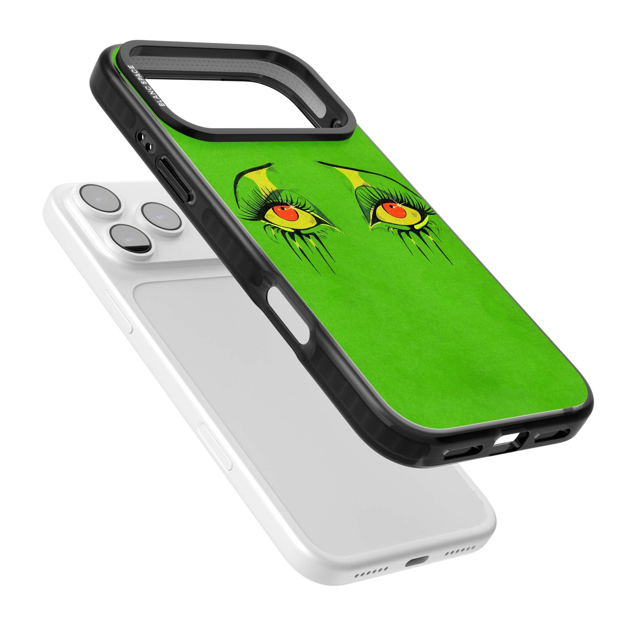 Green Enchanted Eyes psychedelic art iPhone case featuring hand-drawn dripping eyes on neon green background | Black Impact Magsafe case for iPhone 17 Pro, iPhone 17 Pro Max