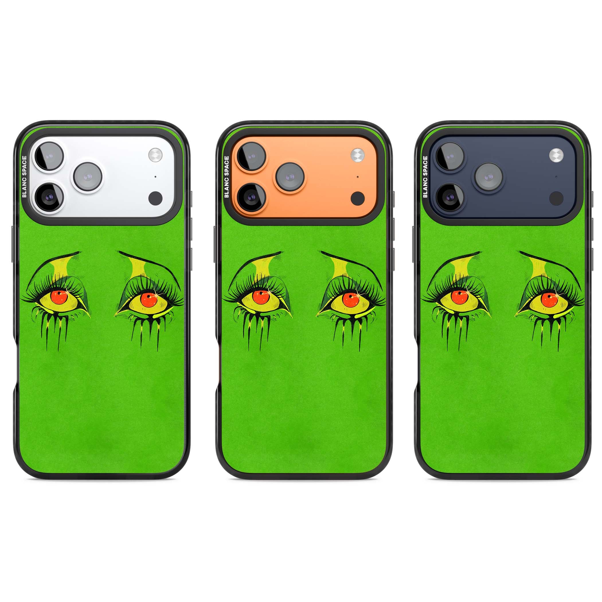 Green Enchanted Eyes psychedelic art iPhone case featuring hand-drawn dripping eyes on neon green background | Black Impact Magsafe case for iPhone 17 Pro, iPhone 17 Pro Max
