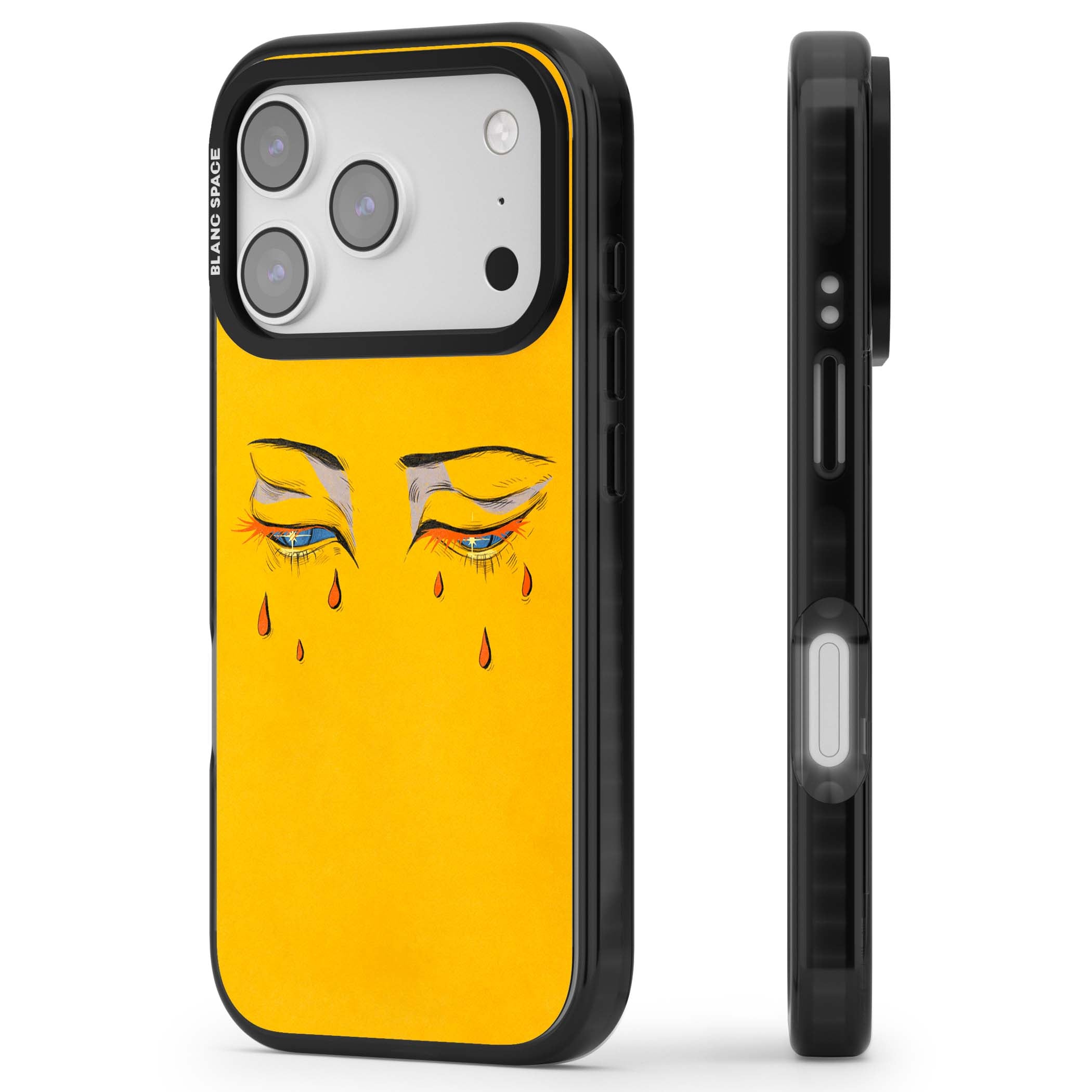 Yellow Tearful Eyes indie iPhone case featuring hand-drawn crying eyes with orange tears on a yellow background | Black Impact Magsafe case for iPhone 17 Pro, iPhone 17 Pro Max