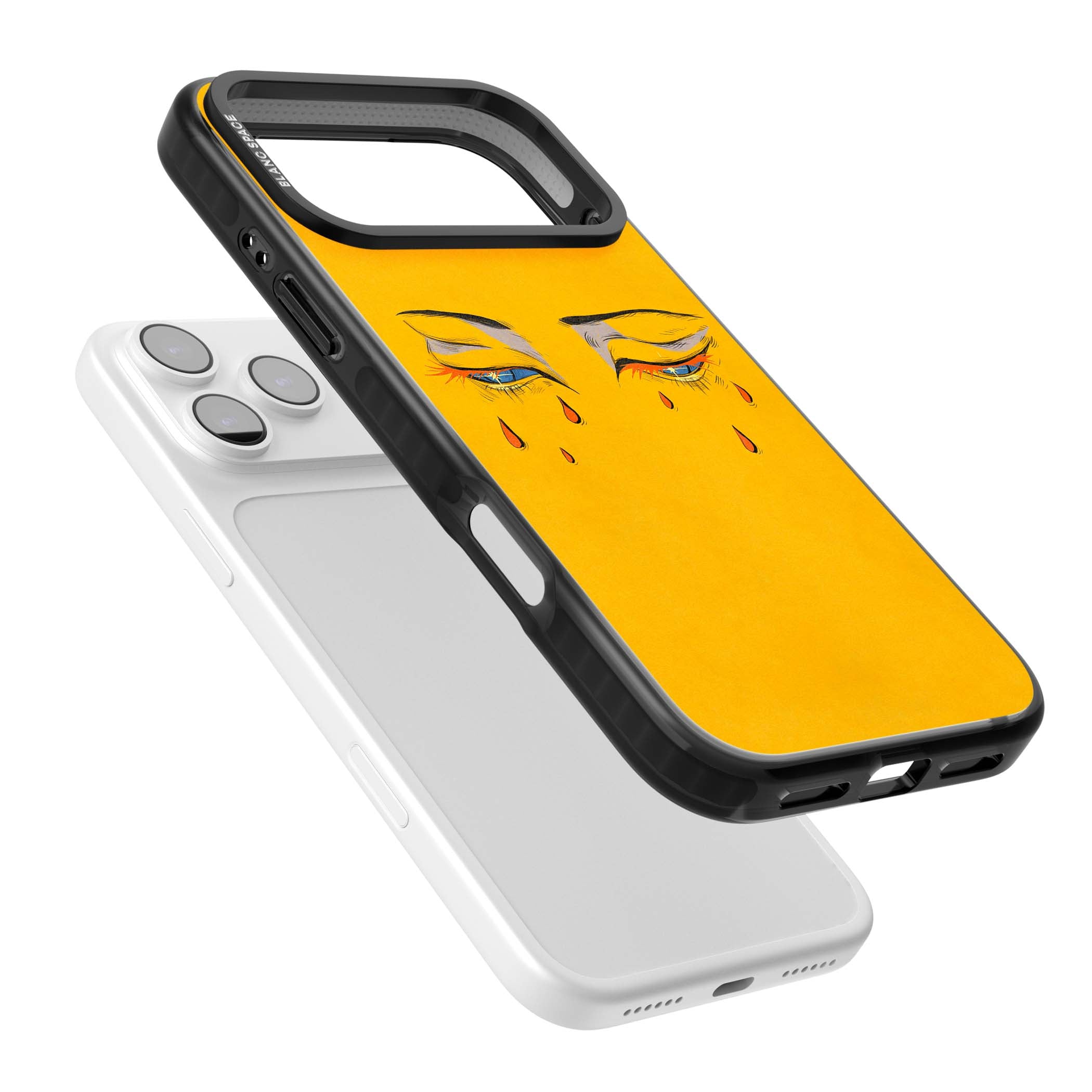 Yellow Tearful Eyes indie iPhone case featuring hand-drawn crying eyes with orange tears on a yellow background | Black Impact Magsafe case for iPhone 17 Pro, iPhone 17 Pro Max
