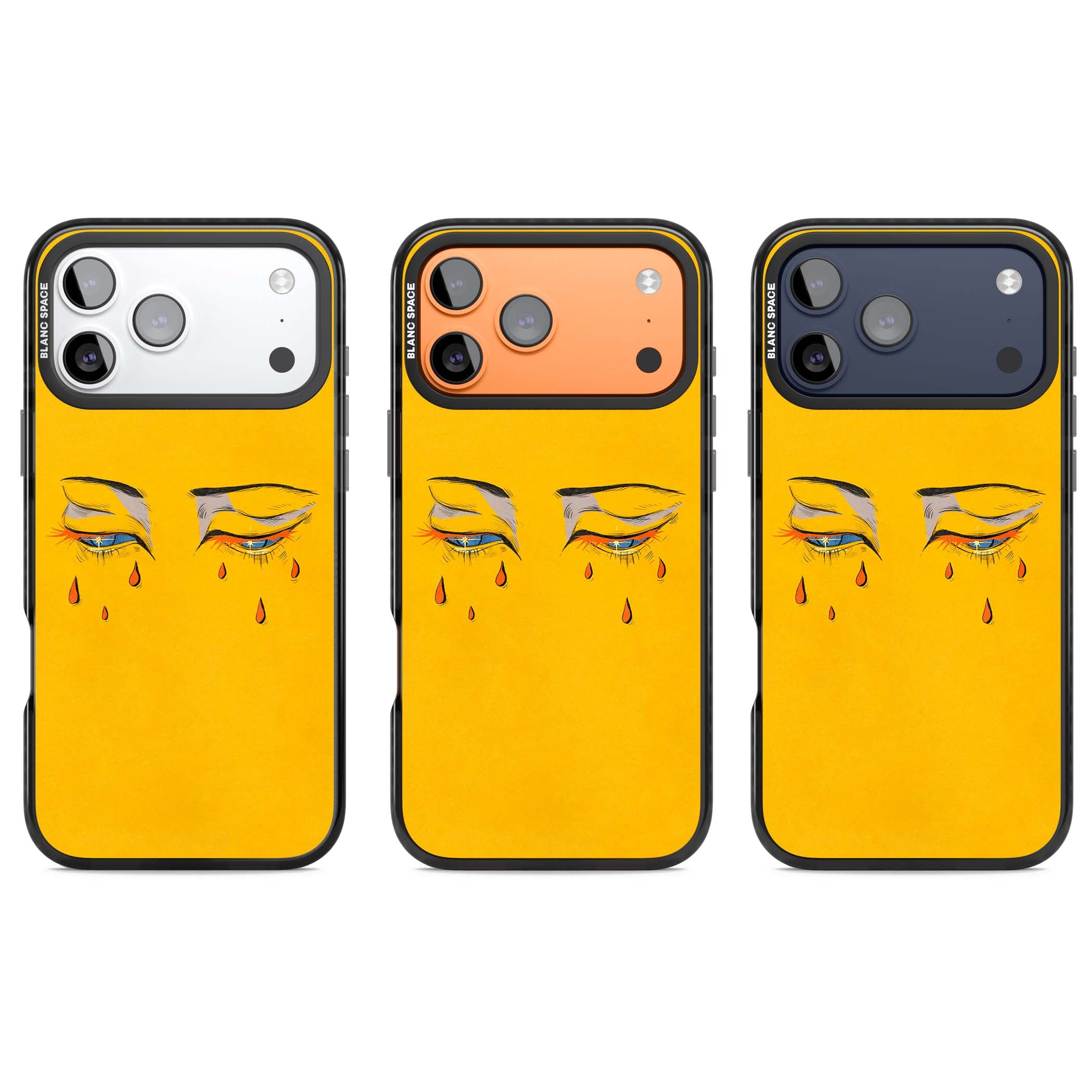 Yellow Tearful Eyes indie iPhone case featuring hand-drawn crying eyes with orange tears on a yellow background | Black Impact Magsafe case for iPhone 17 Pro, iPhone 17 Pro Max