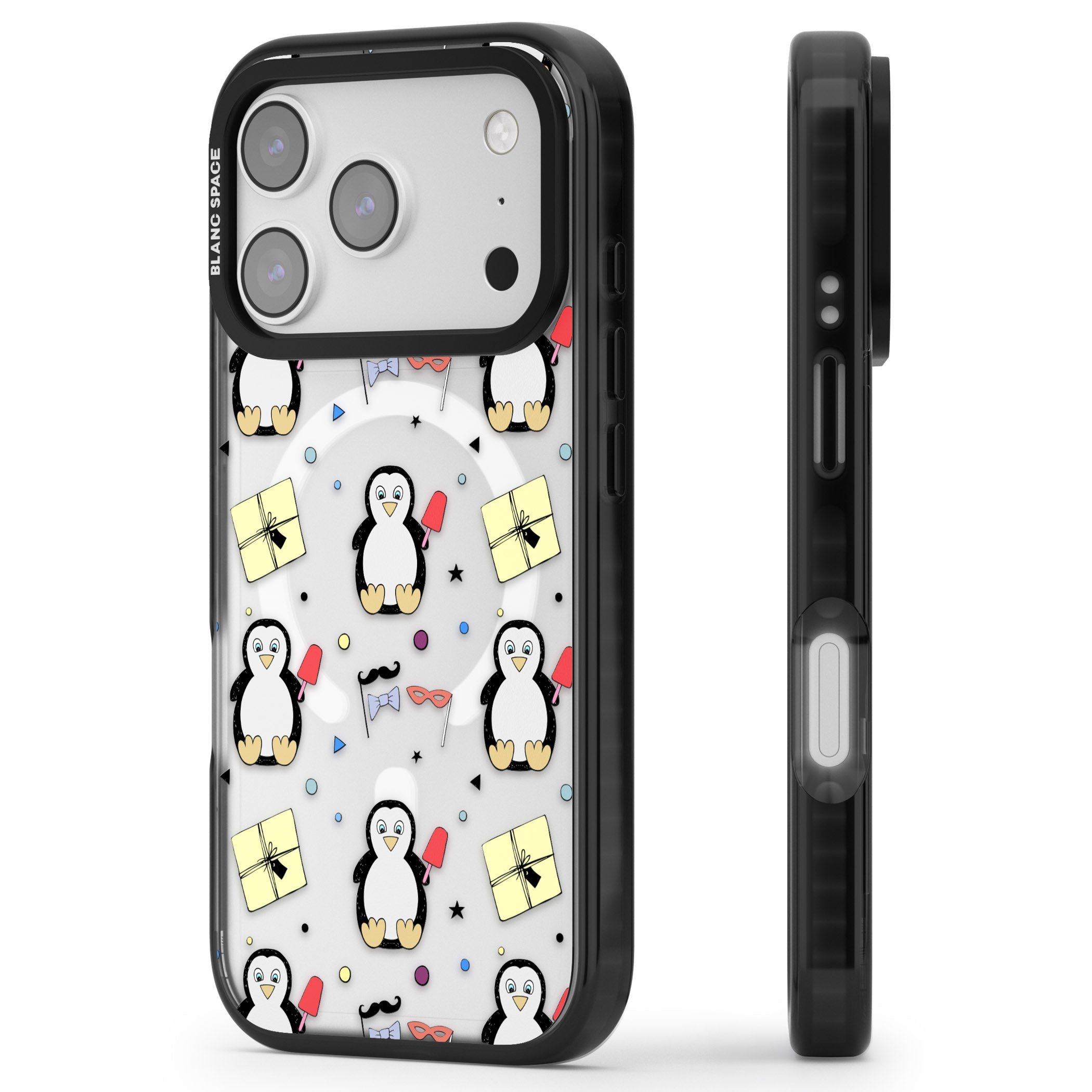 Cute Penguin Pattern Clear iPhone 17 Pro Max Impact Pro Black Phone Case Side Profile