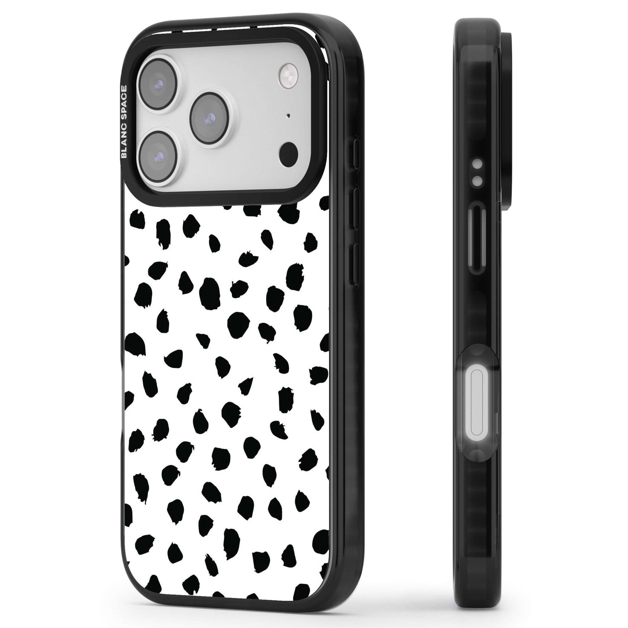 White Dalmatian Print iPhone 17 Pro Impact Pro Black Phone Case Side Profile