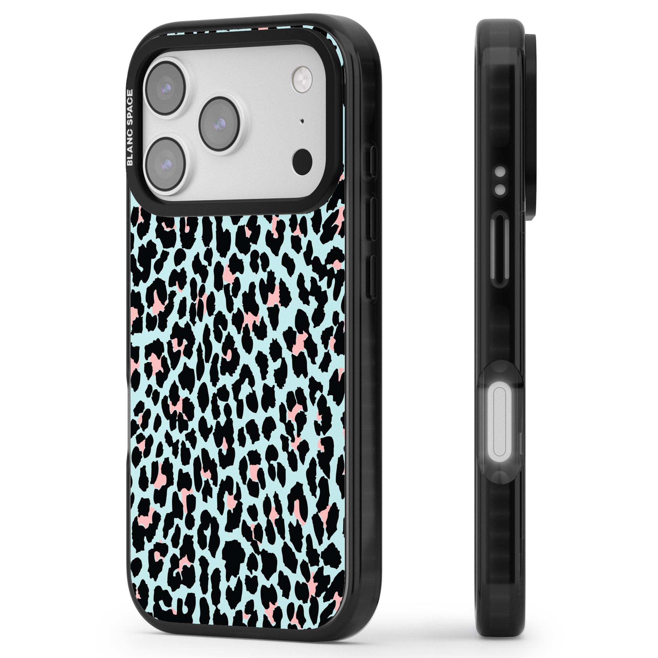 Pastel Blue & Pink Leopard Print iPhone 17 Pro Impact Pro Black Phone Case Side Profile
