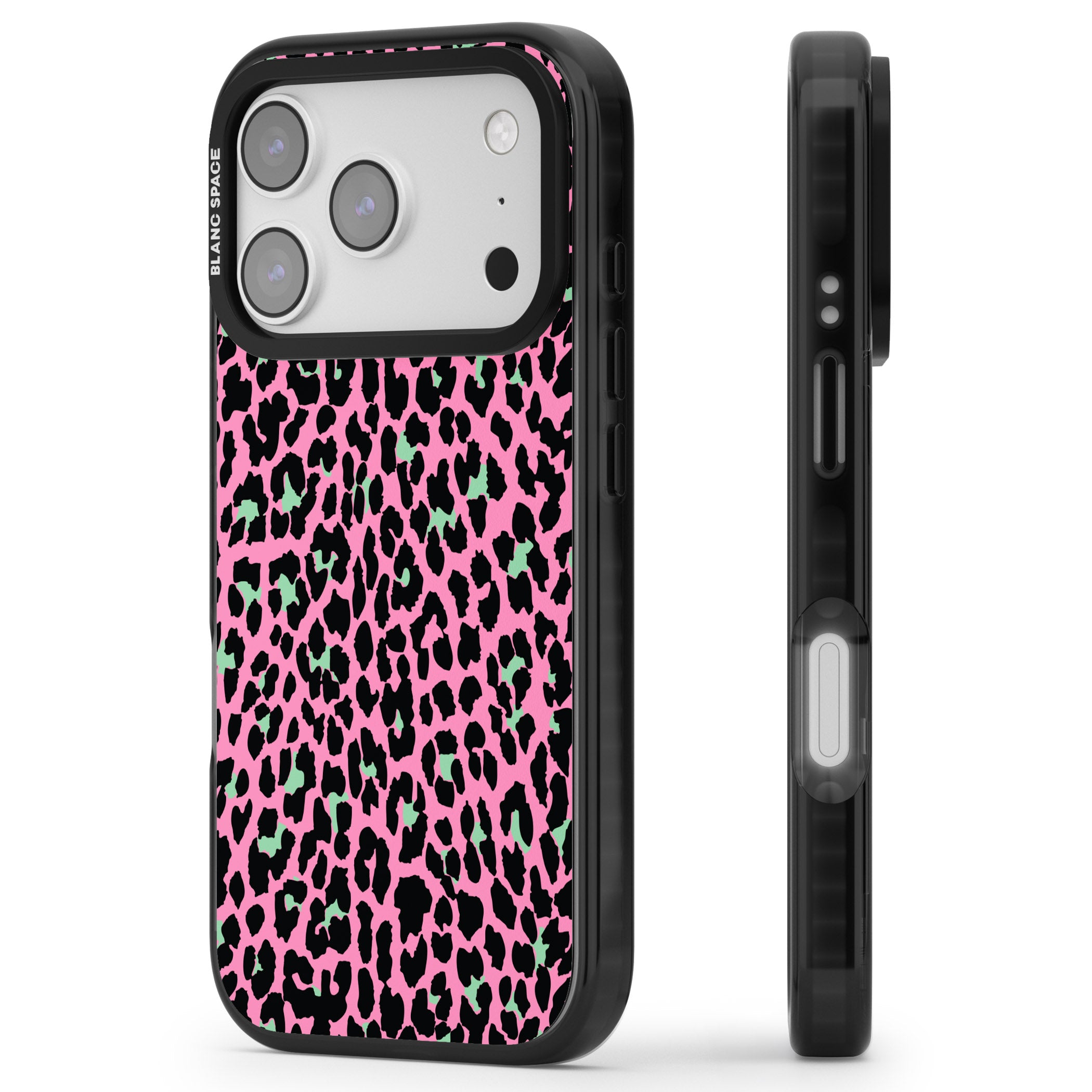 Pink & Green Leopard iPhone 17 Pro Max Impact Pro Black Phone Case Side Profile