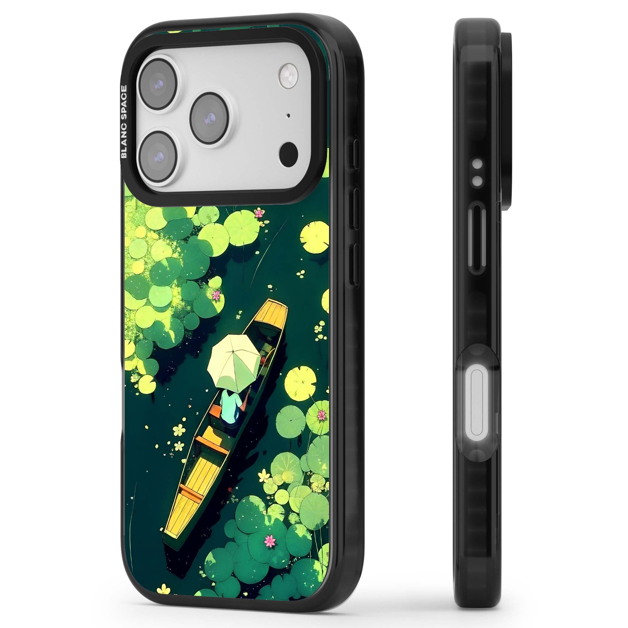 Jade Waters cottagecore iPhone case featuring a painted lily pond, wooden boat with parasol and floating water lilies | Black Impact Magsafe case for iPhone 17 Pro, iPhone 17 Pro Max